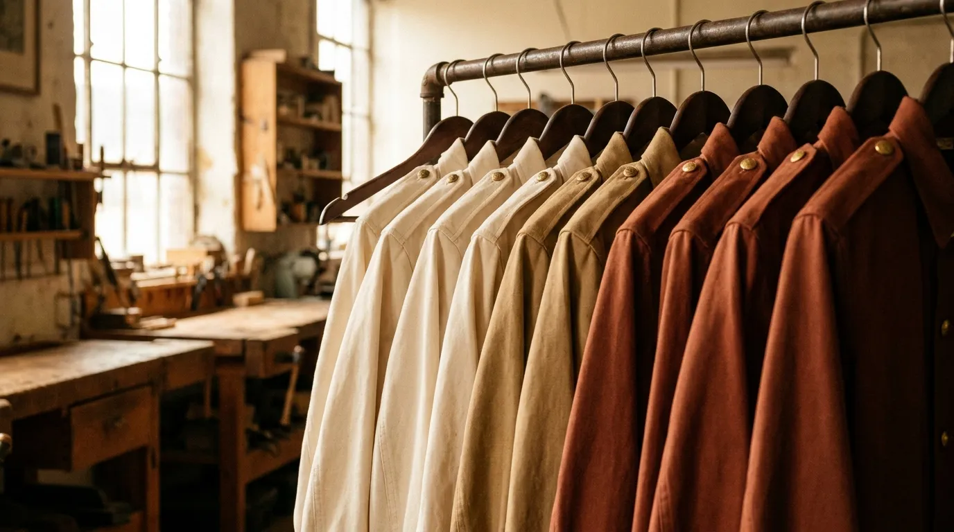 Row of finished uniform jackets on wooden hangers along a workshop rail
