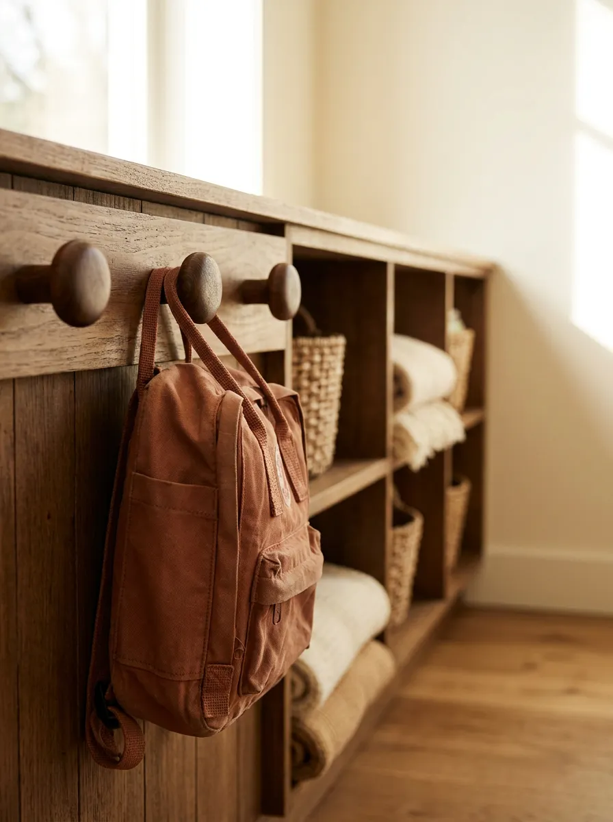 Child-height coat hooks and cubbies with a small canvas backpack