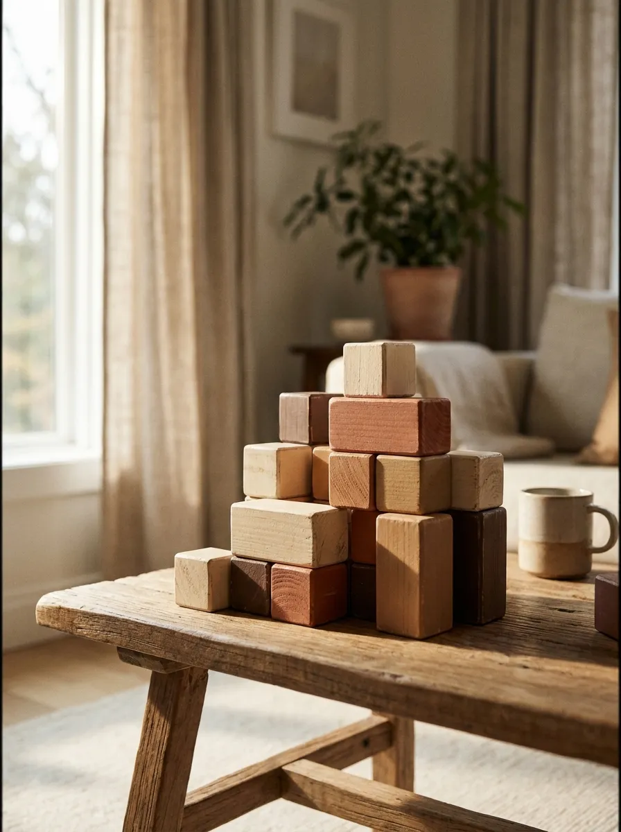 Stack of wooden building blocks in warm tones on a low table