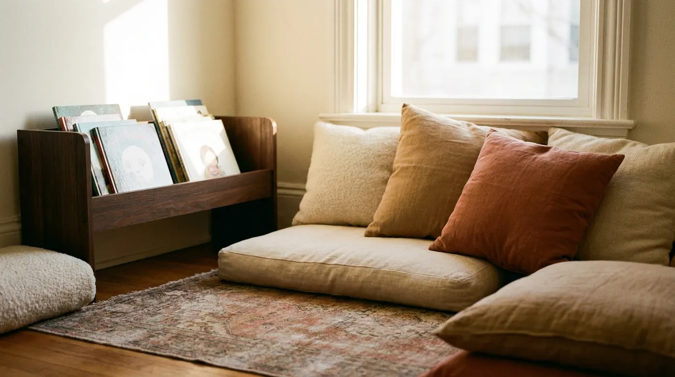 Reading corner with floor cushions and picture books on a low wooden shelf