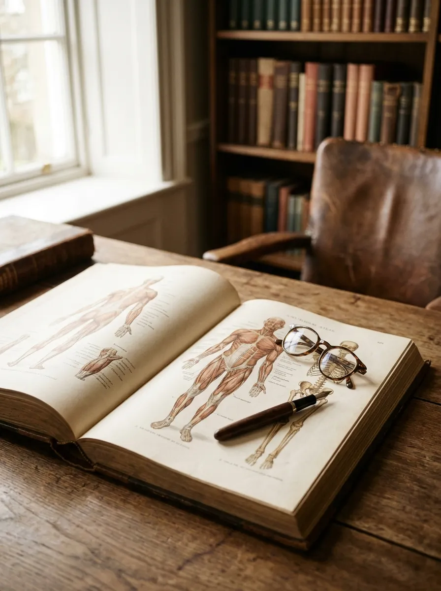 Open anatomy textbook and reading glasses on a desk in a medical library