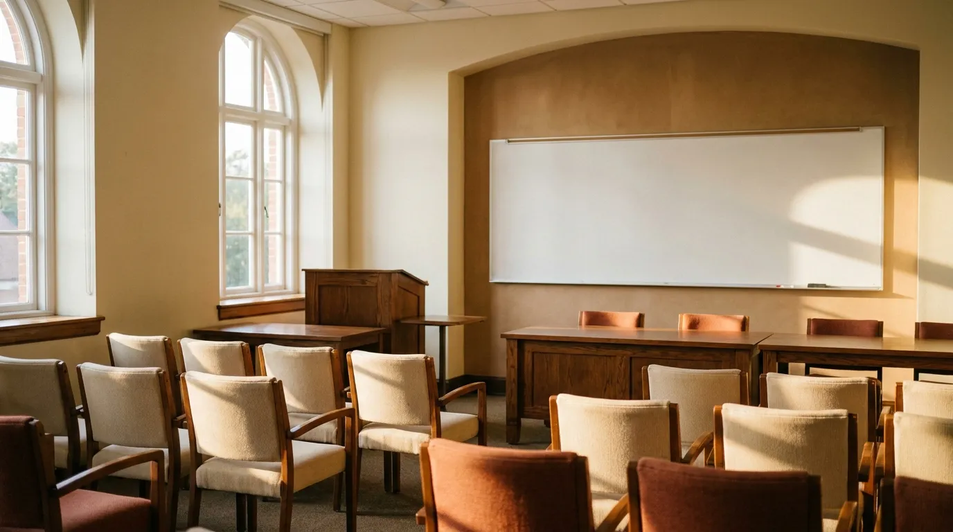 Empty seminar room in a teaching hospital, whiteboard wiped clean