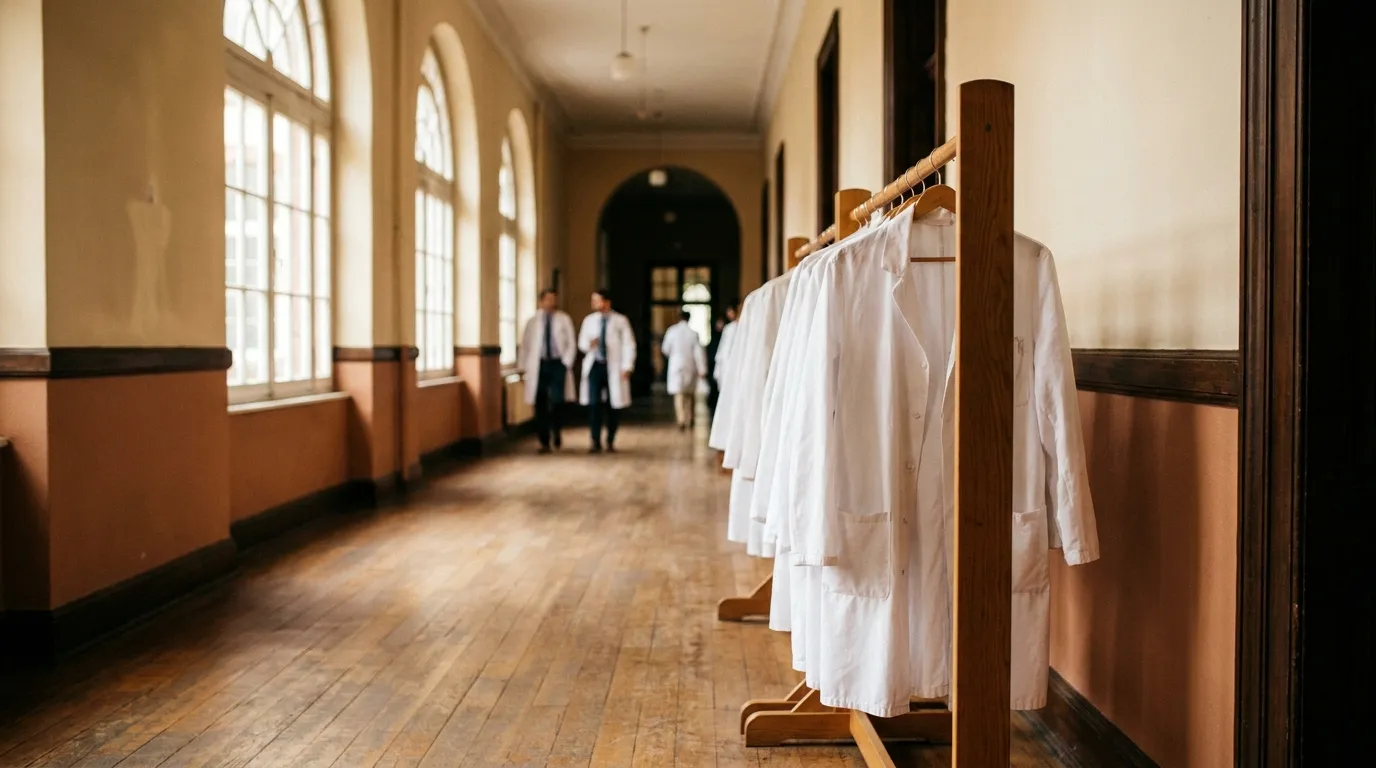Long corridor of an academic medical center with white coats on a rack in the foreground