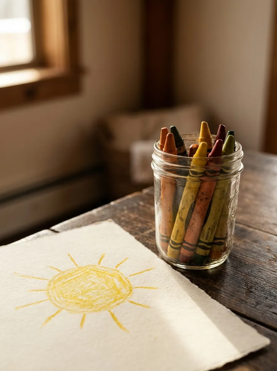 A hand-drawn crayon sun on paper beside a jar of crayons