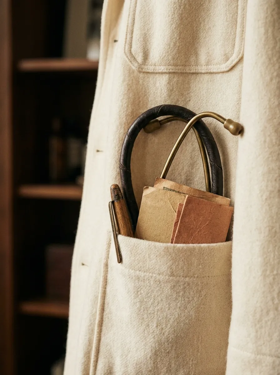 Stethoscope, pen and folded notes in a white coat pocket