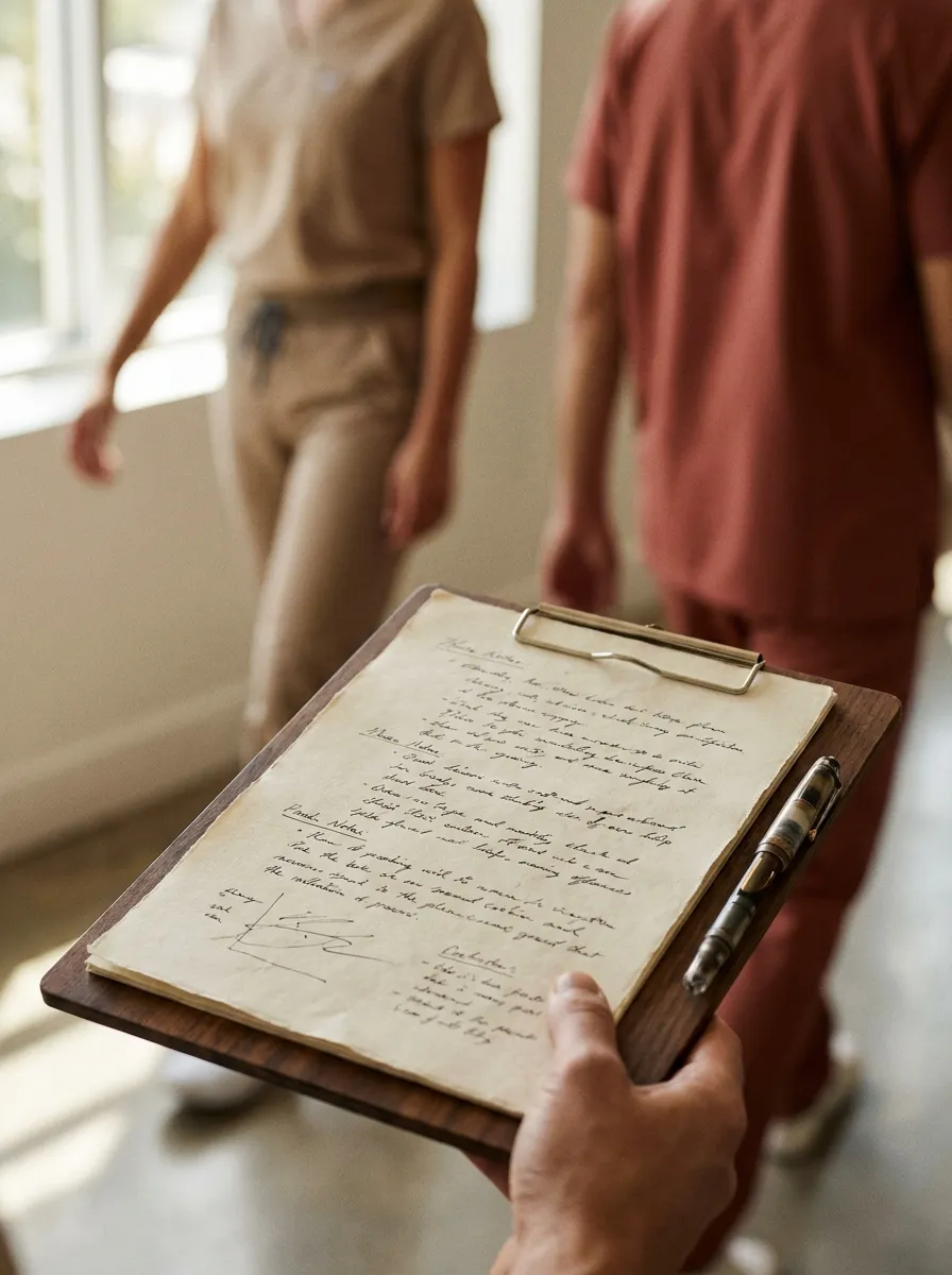 Hand writing evaluation notes on a clipboard, clinicians in scrubs behind