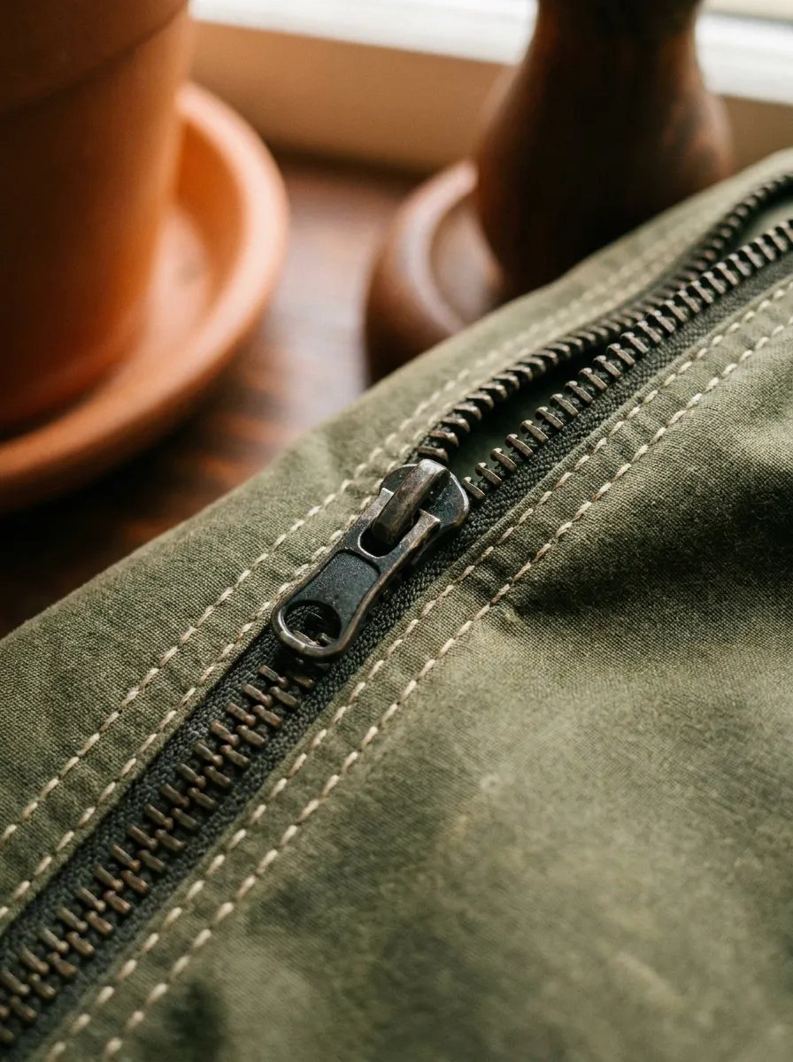 Macro of a rugged storm zipper and stitched seam on olive technical fabric