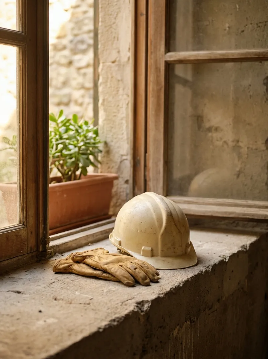 A hard hat and worn leather gloves resting on a concrete ledge at a cement plant