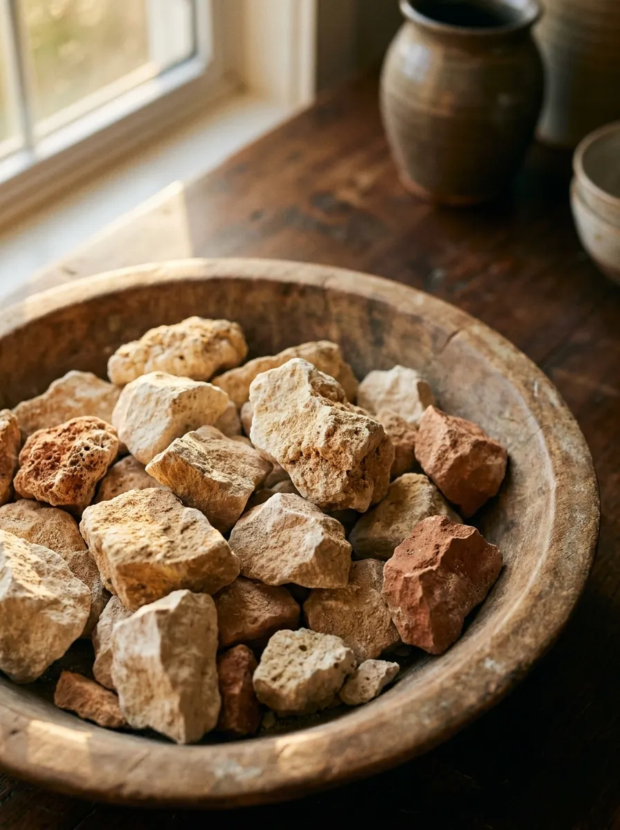 Raw limestone aggregate in a wooden bowl on a dark wood table