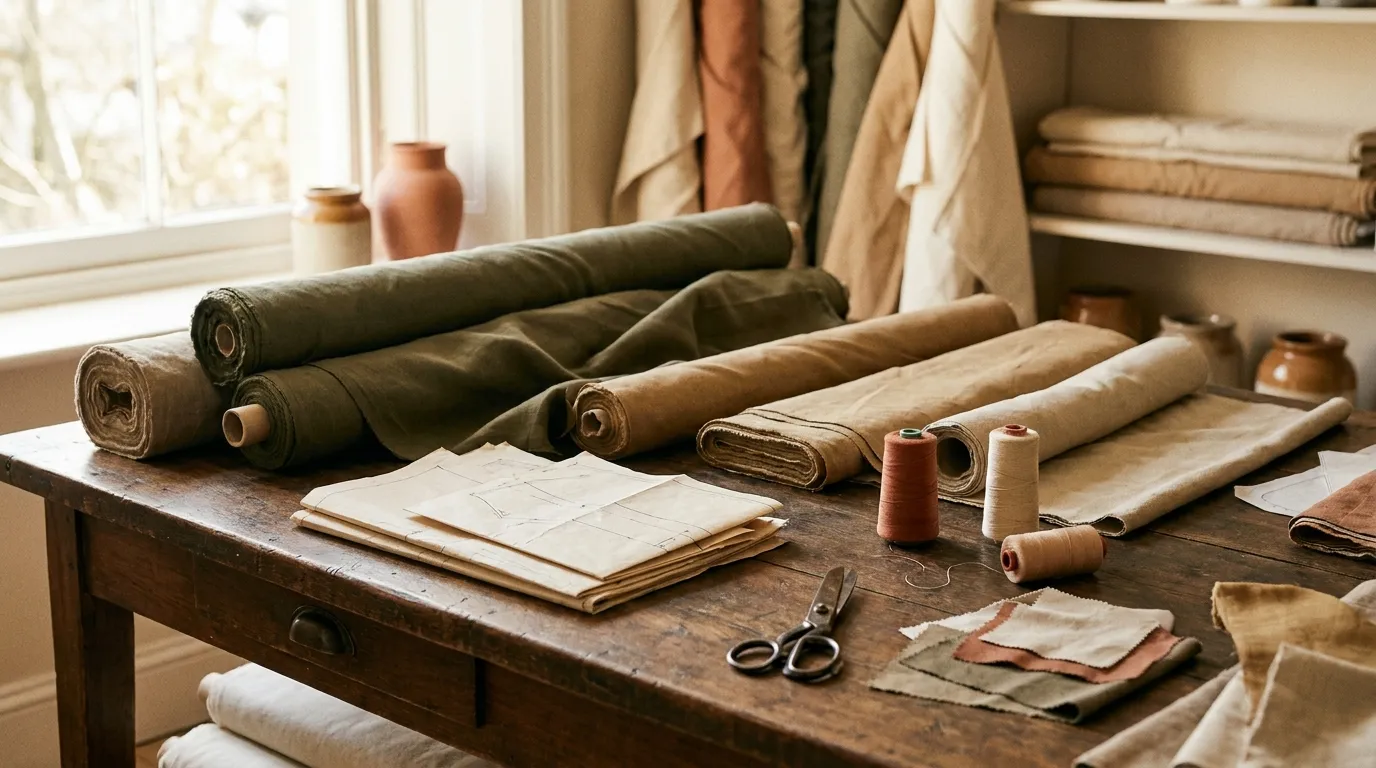 Cutting-room table with rolled technical fabric in olive and tan