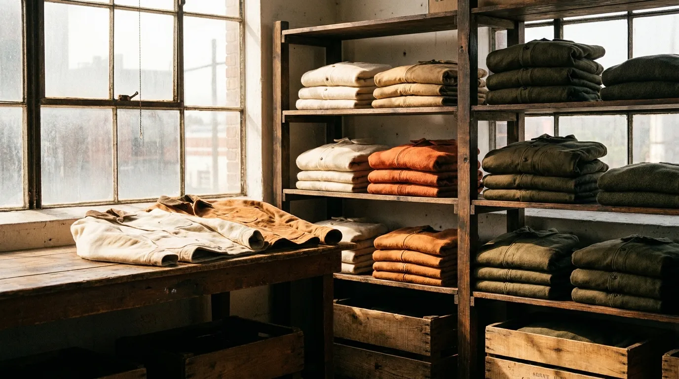 Warehouse shelving with folded outerwear stacked by size