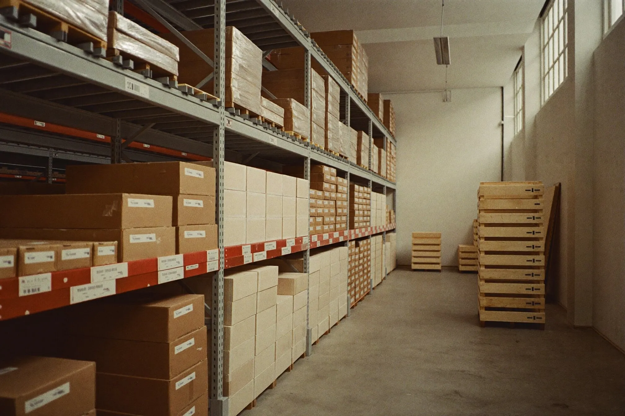 Warehouse shelving with neatly stacked boxes