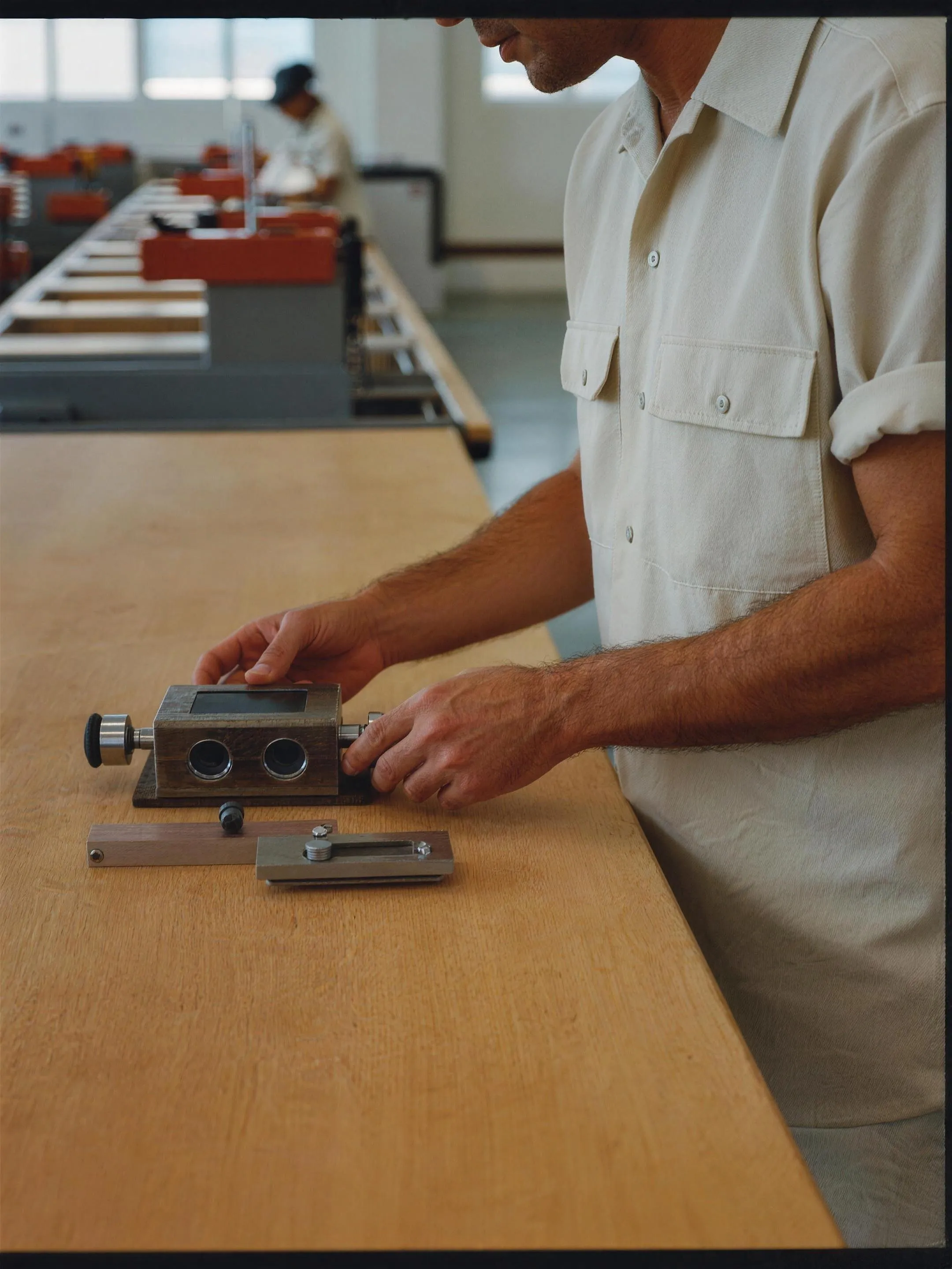 Worker inspecting a machined metal part at a factory bench
