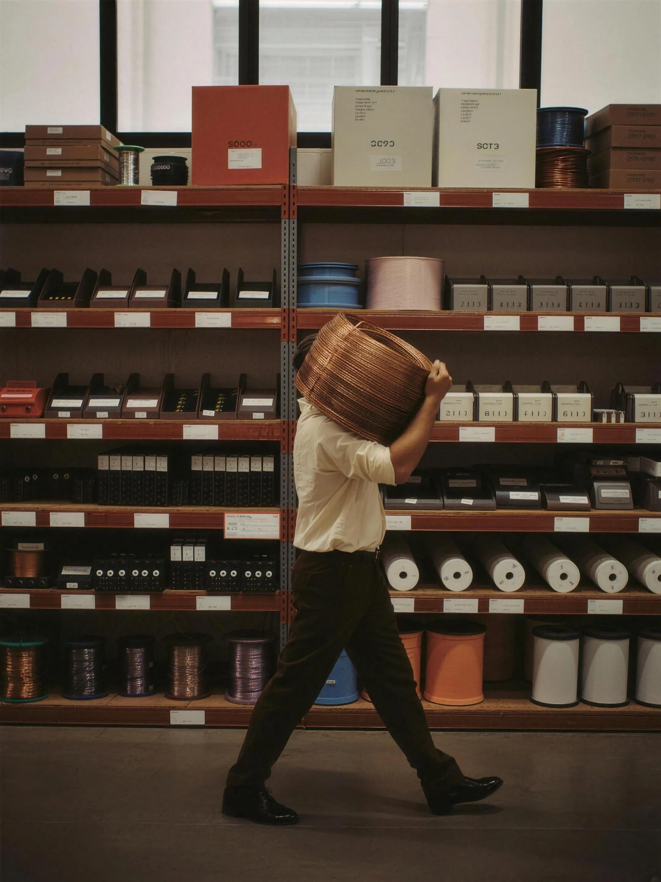 Worker carrying a box past shelves of electrical components