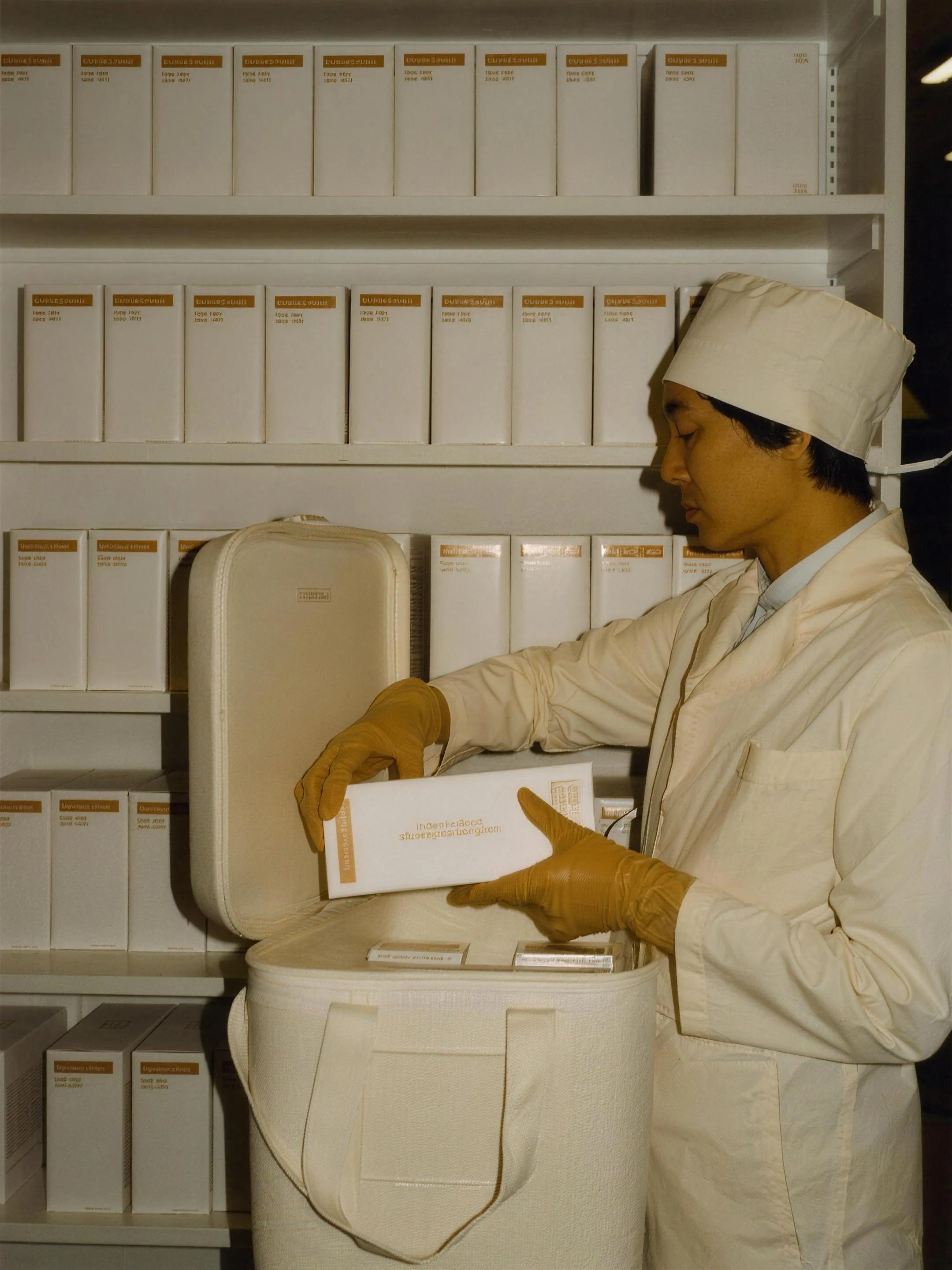 Worker in protective gear packing pharmaceutical cartons