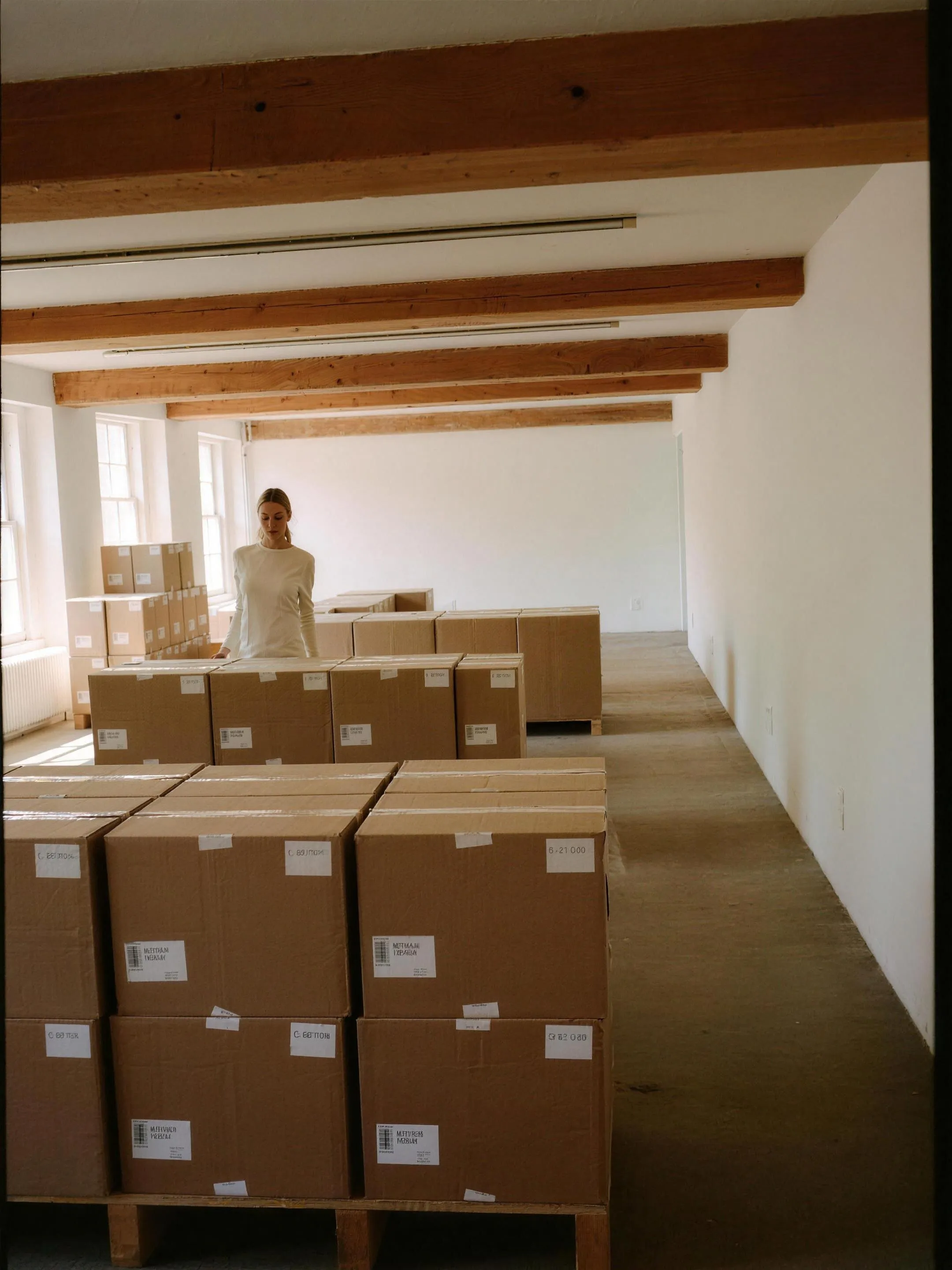 Worker moving stacked cartons through a warehouse aisle