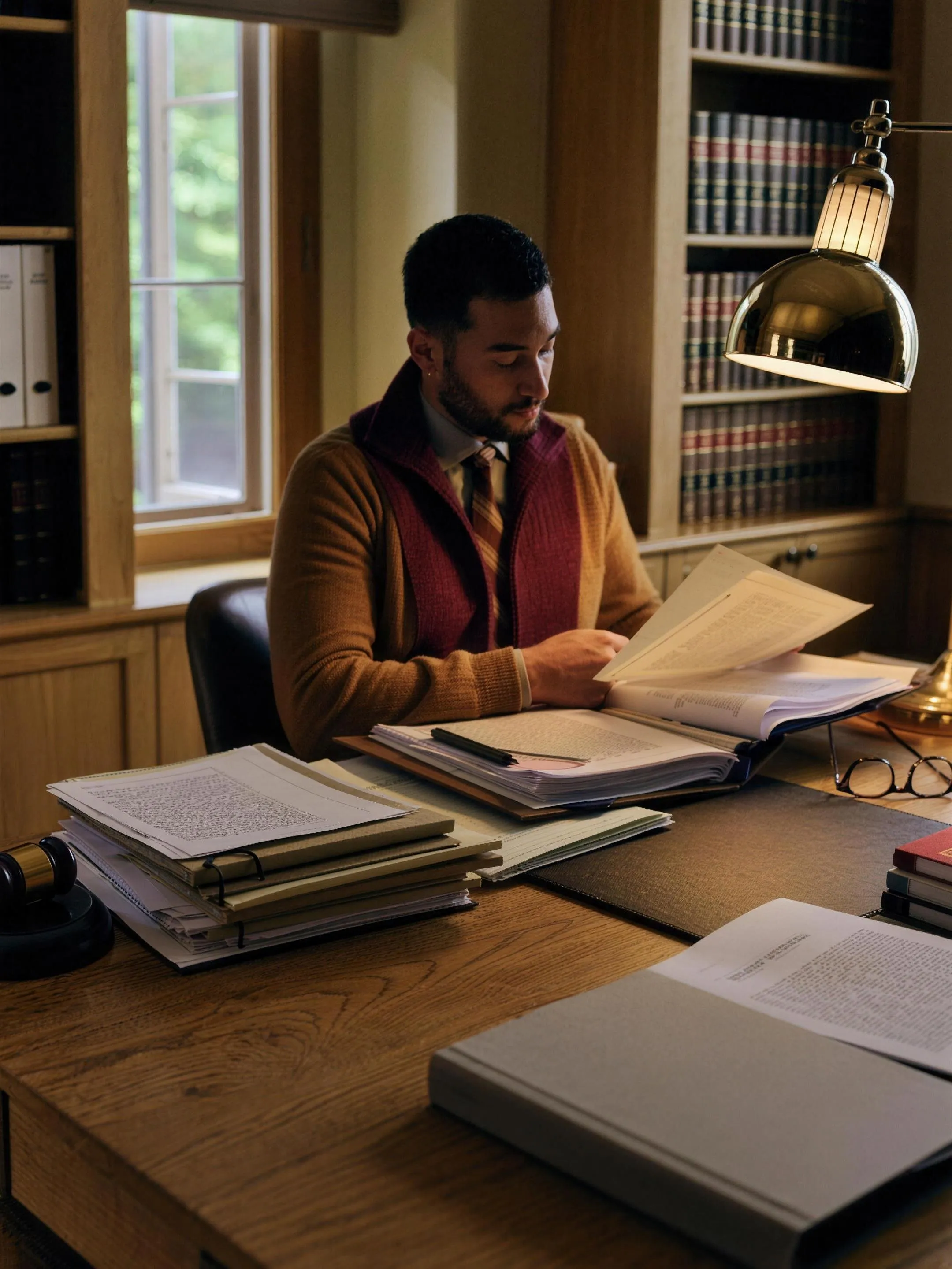 Attorney working through case files at a desk lined with law books