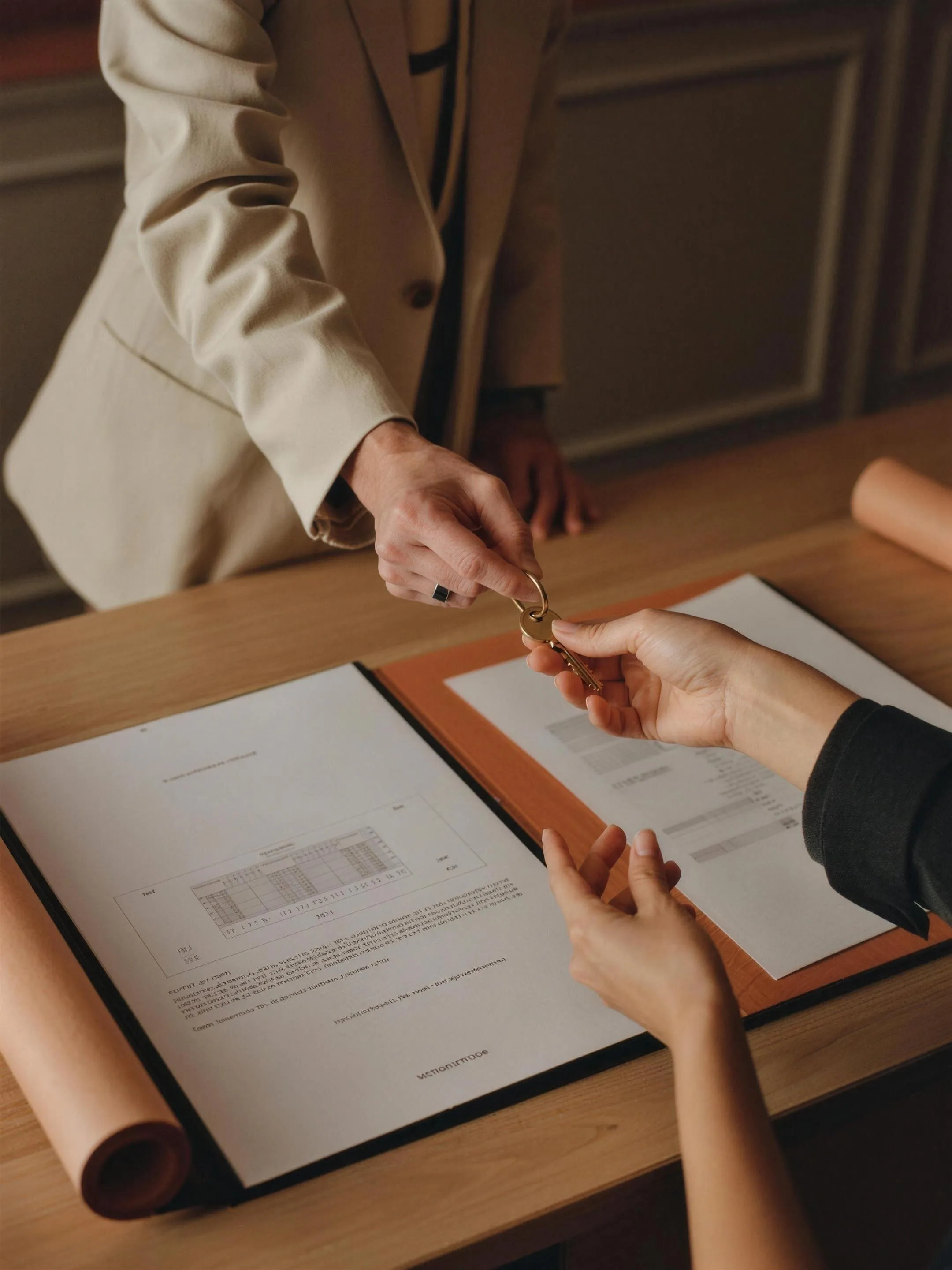 Handshake over signed documents and rolled plans at a table