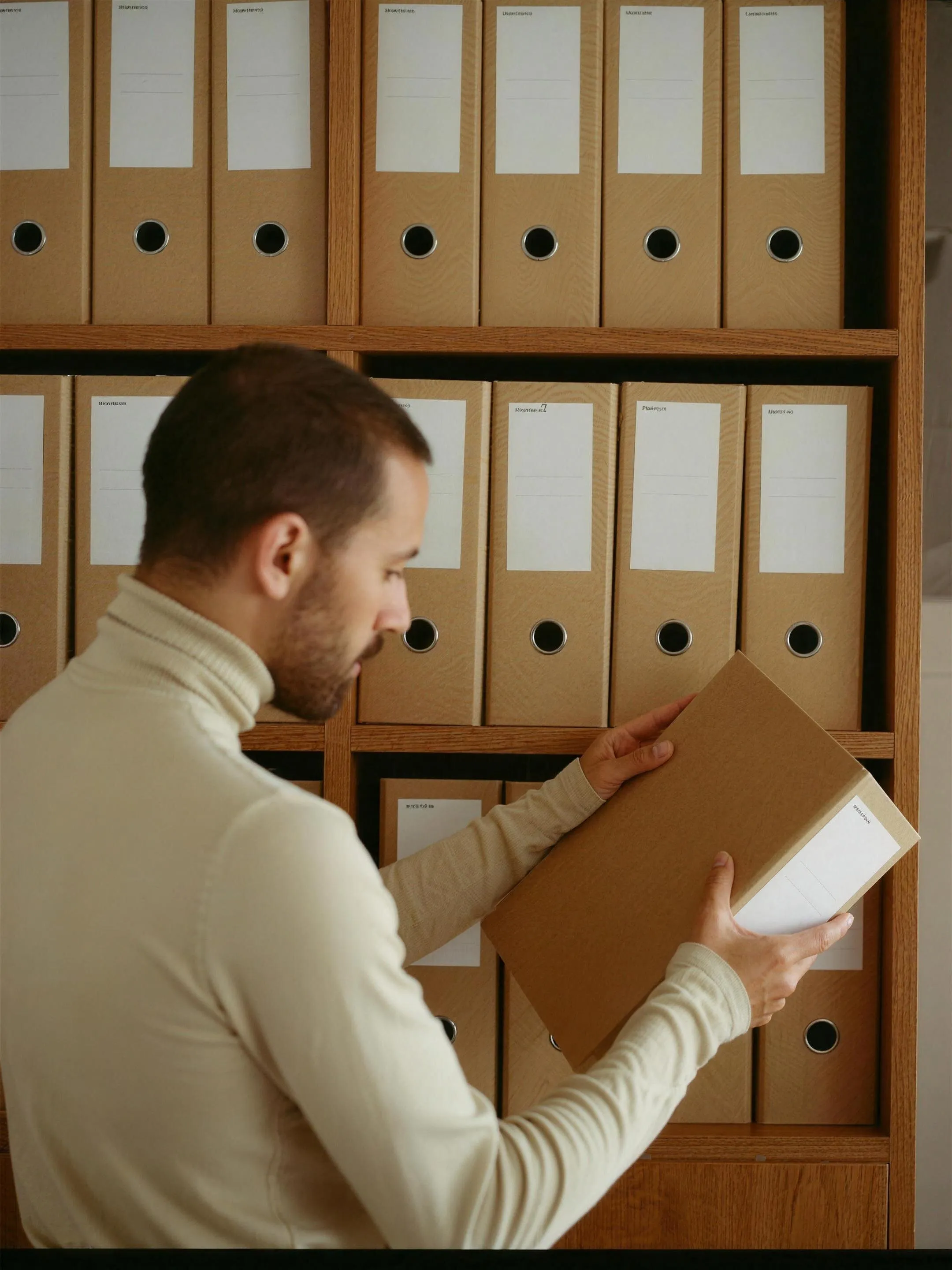 Person retrieving a folder from a wall of archive binders