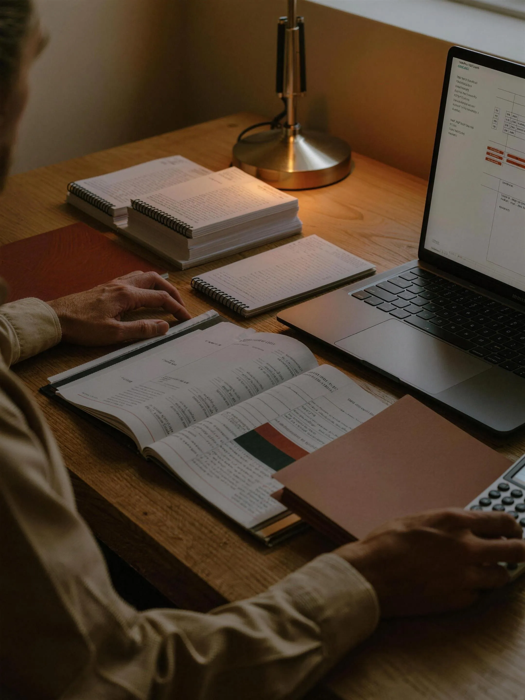 Hands working through financial statements beside a laptop