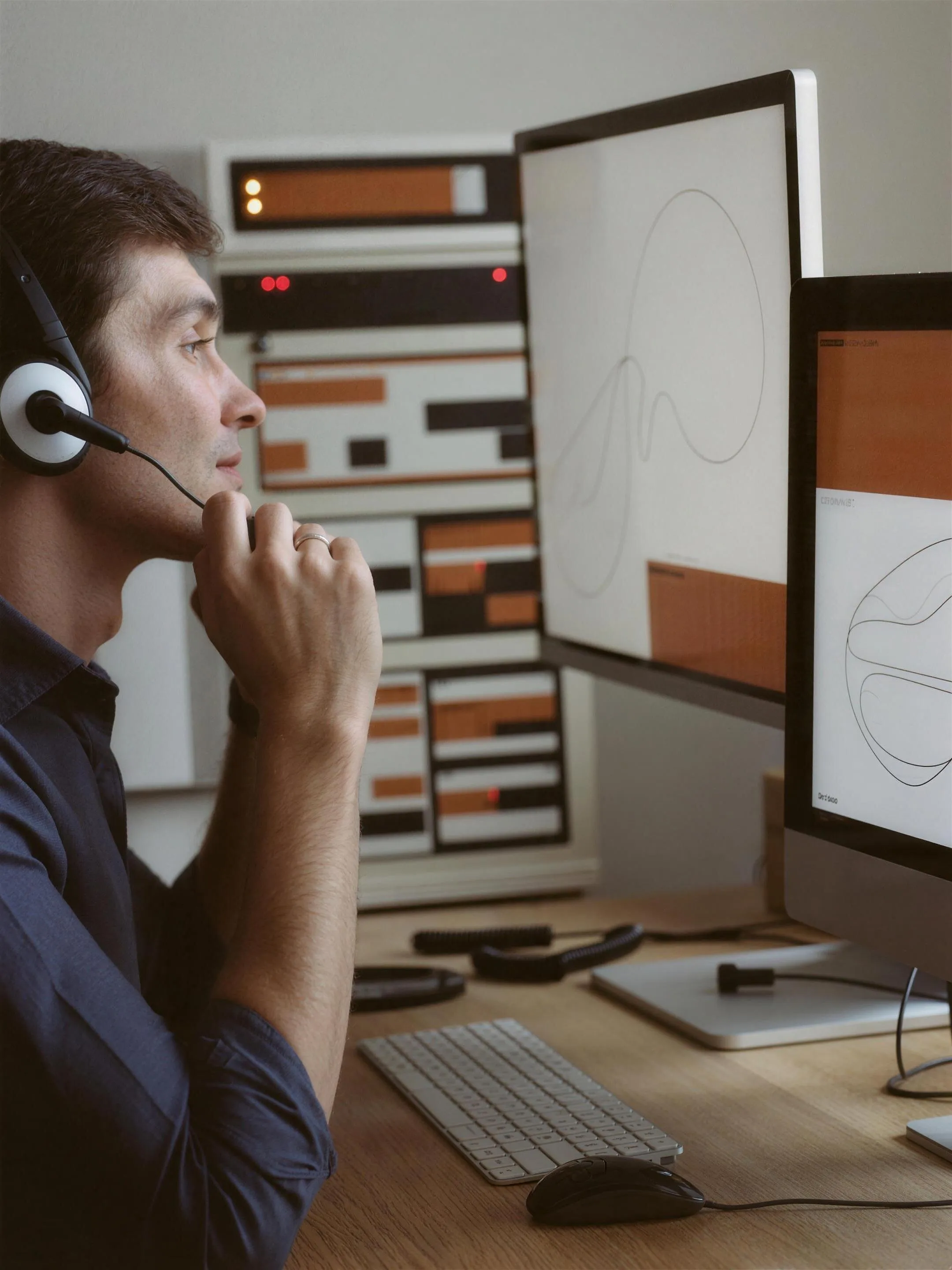 Support engineer on a headset call in front of a monitor