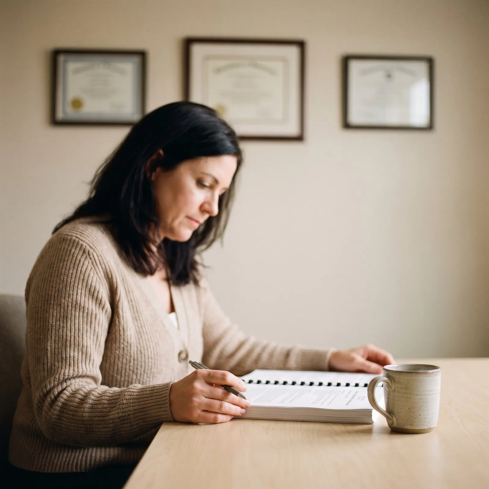 Consultant reviewing a bound report at a table, framed certifications on the wall behind