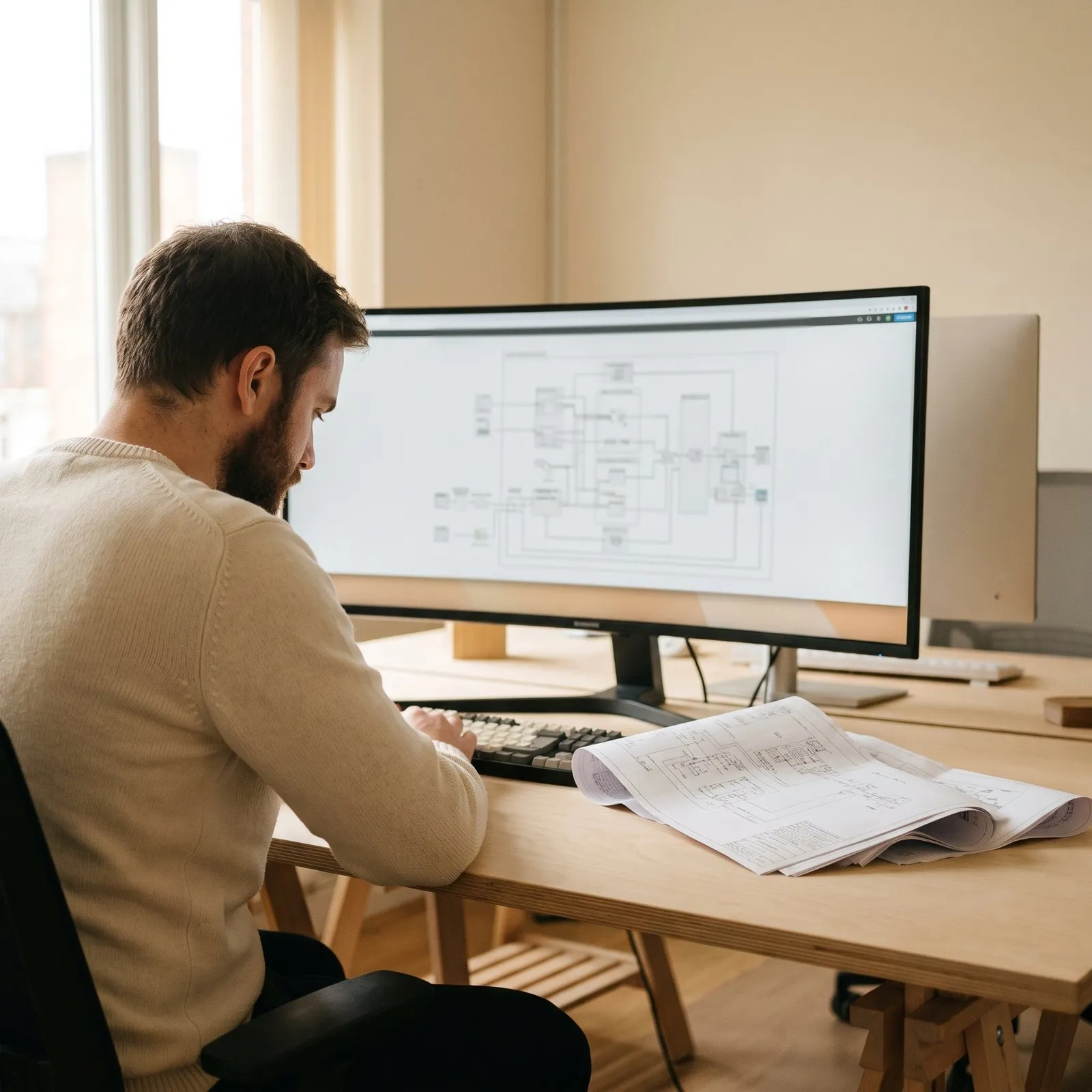Engineer reviewing a system architecture diagram on a wide monitor beside printed schematics