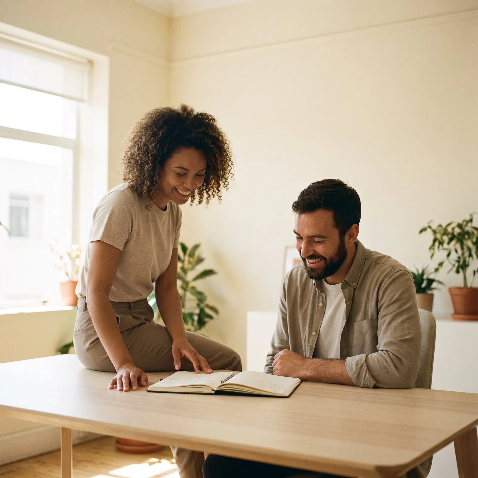 Two colleagues sharing a laugh over an open notebook in a sunlit office