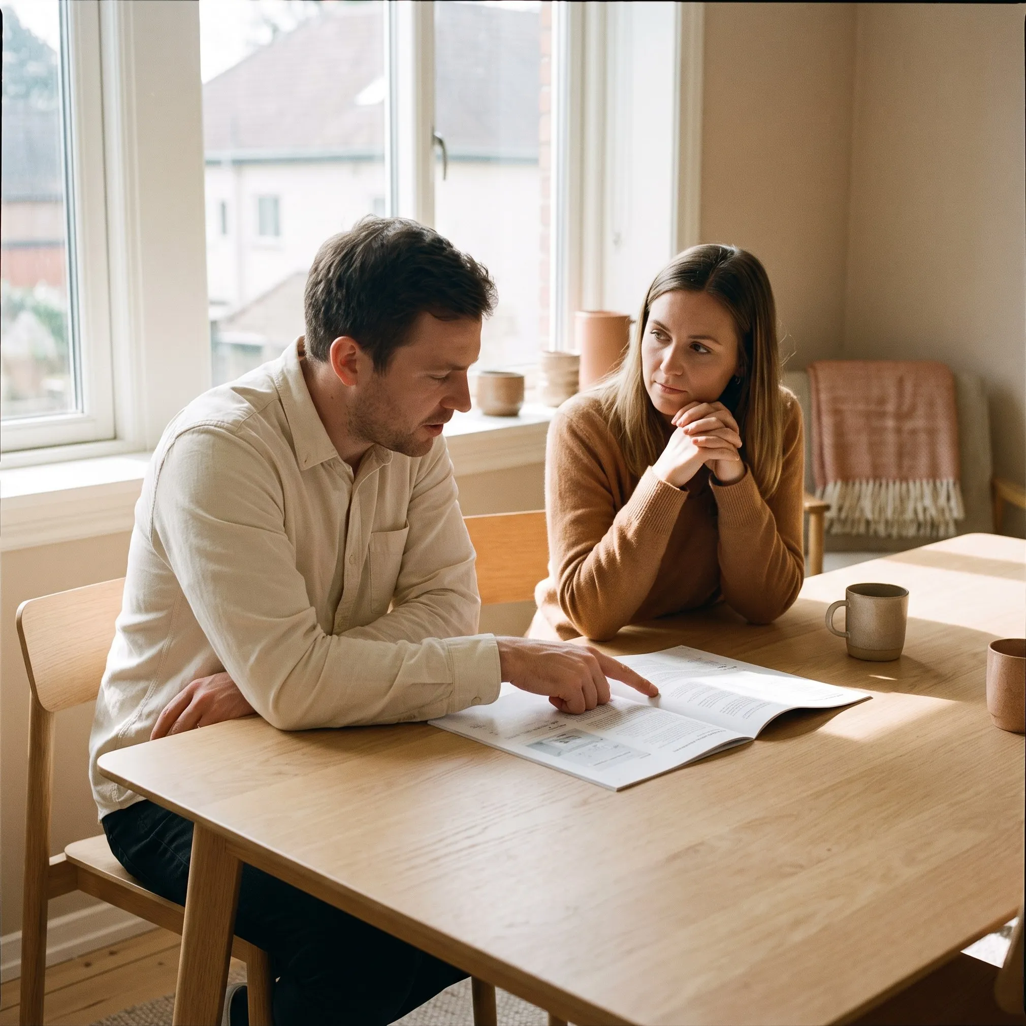 Two colleagues reviewing a printed document together in a sunlit meeting room