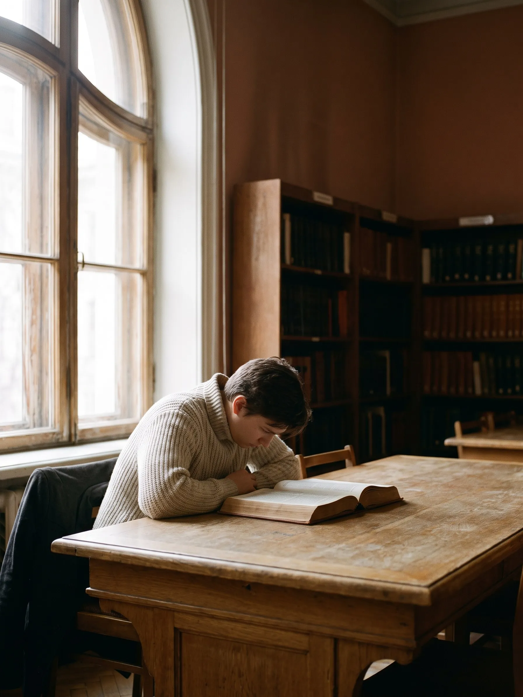 Student reading at an oak table in a quiet medical library