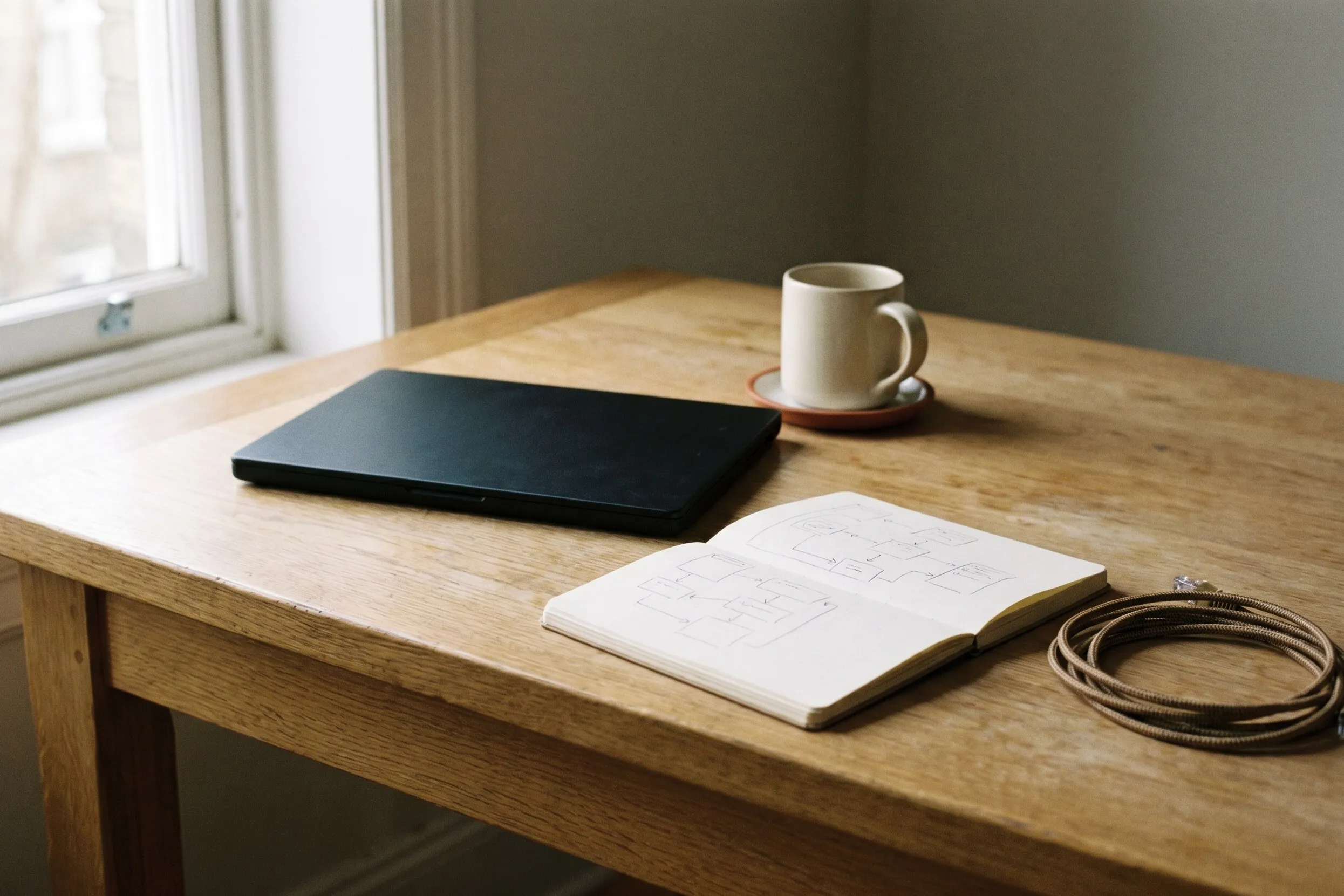 Closed laptop, coffee cup and a notebook of architecture sketches on an oak desk
