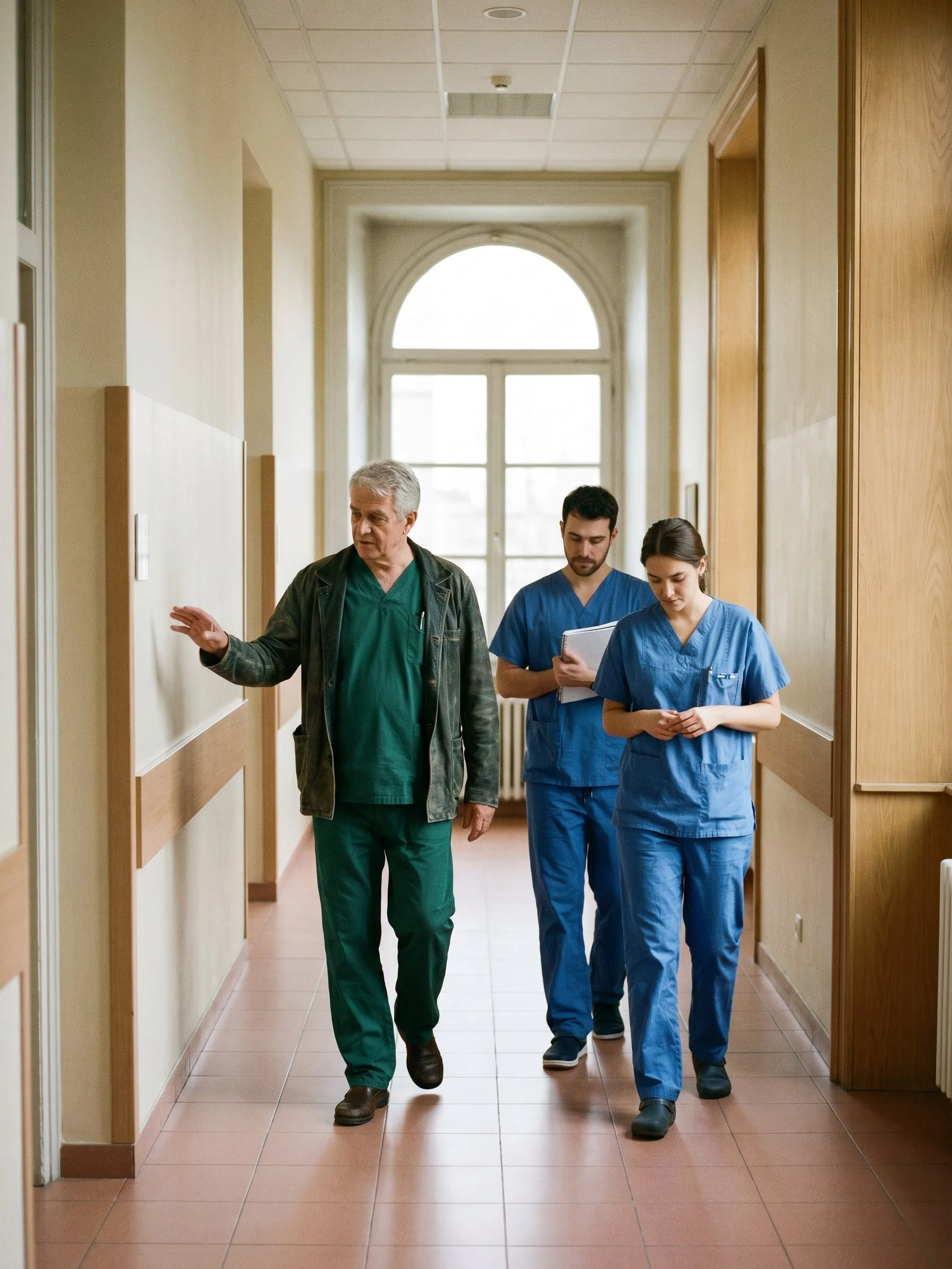 Senior physician walking two residents along a teaching-hospital corridor