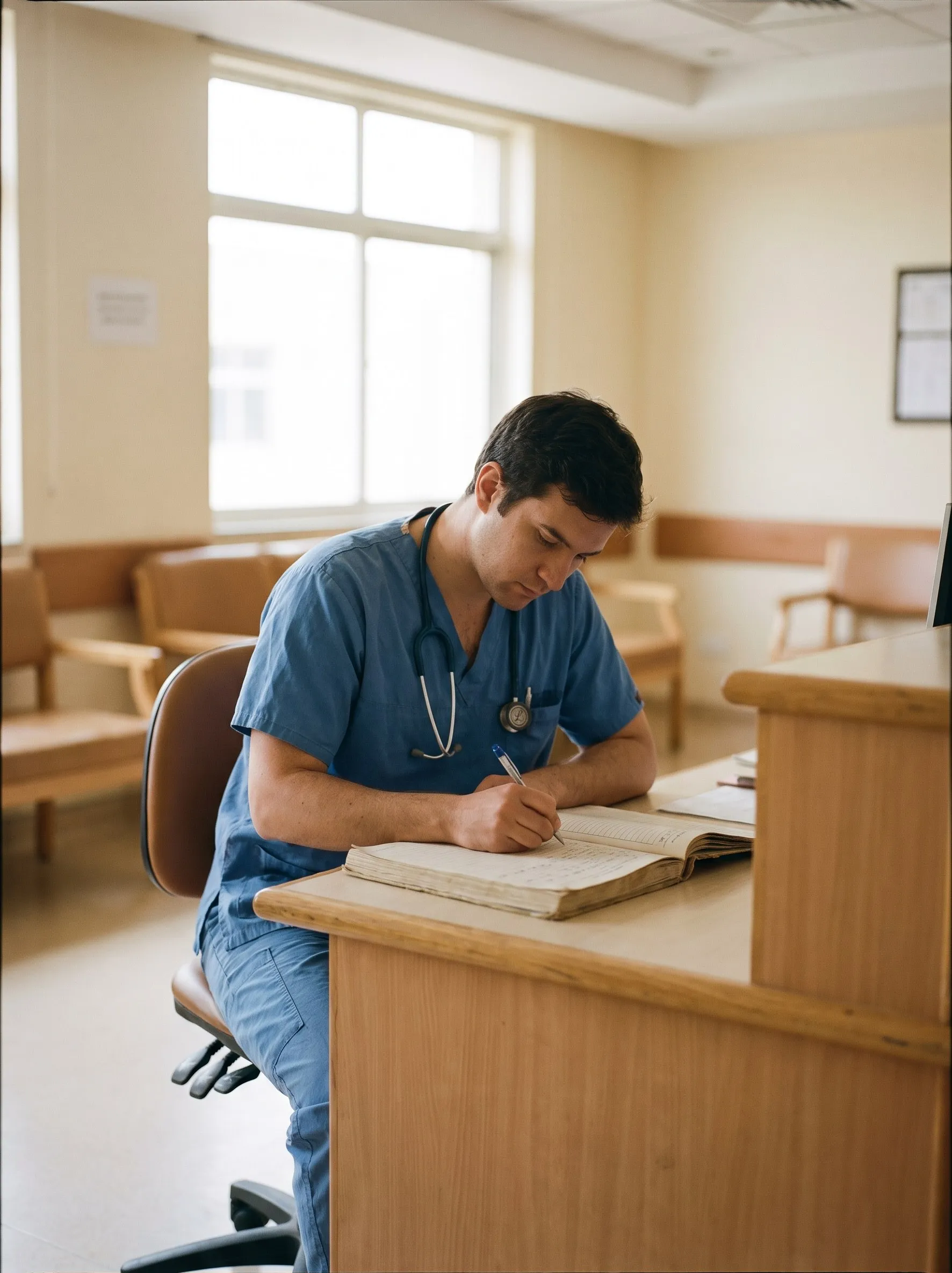 Resident doctor writing in a logbook at a nurses' station