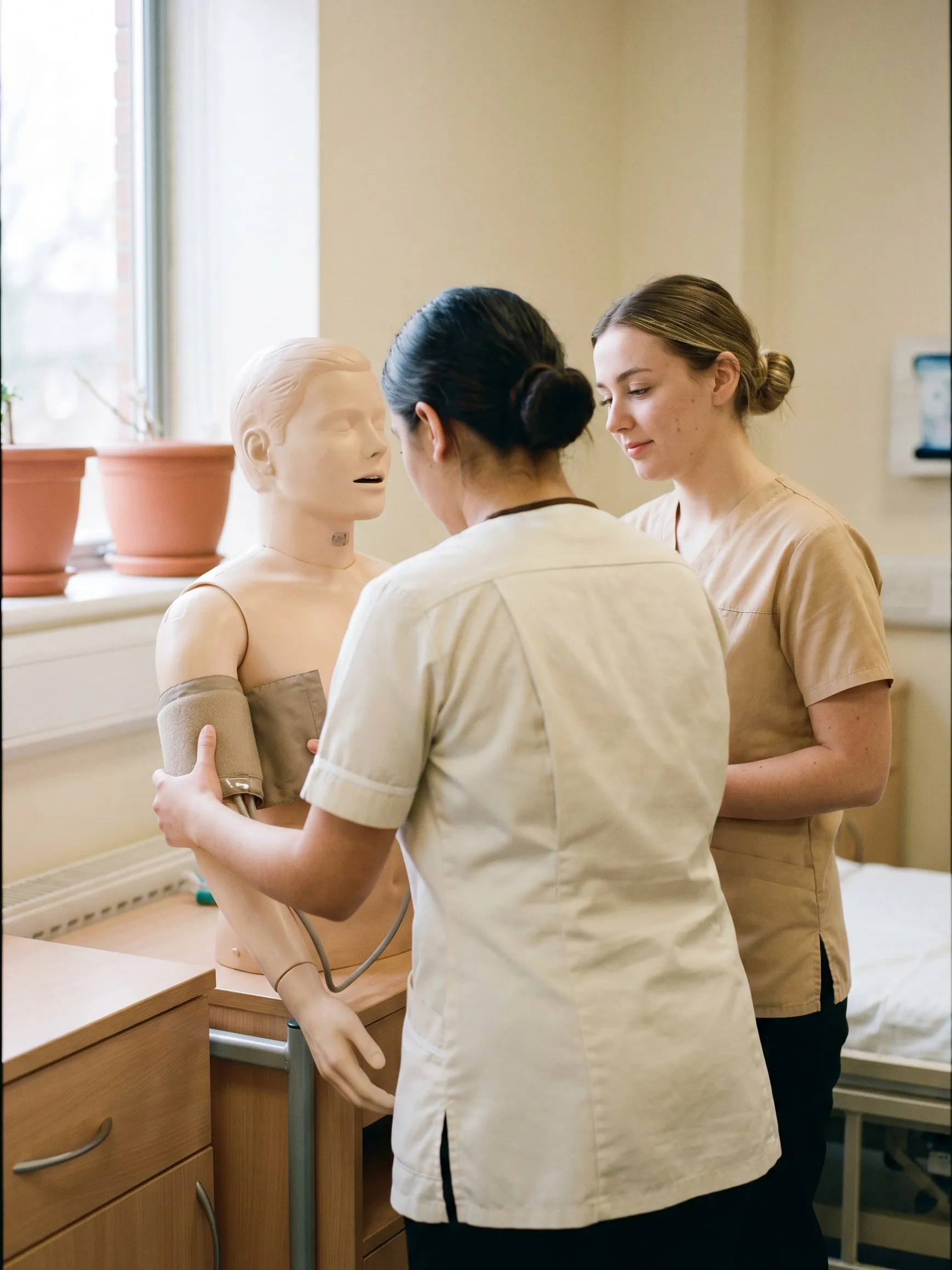 Two nursing students practising a blood-pressure check on a training mannequin