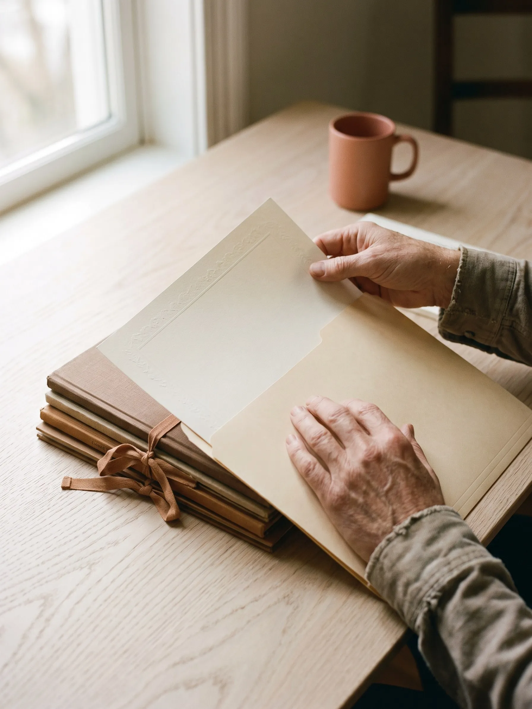 Hands filing a certificate beside bound examination records on an oak desk