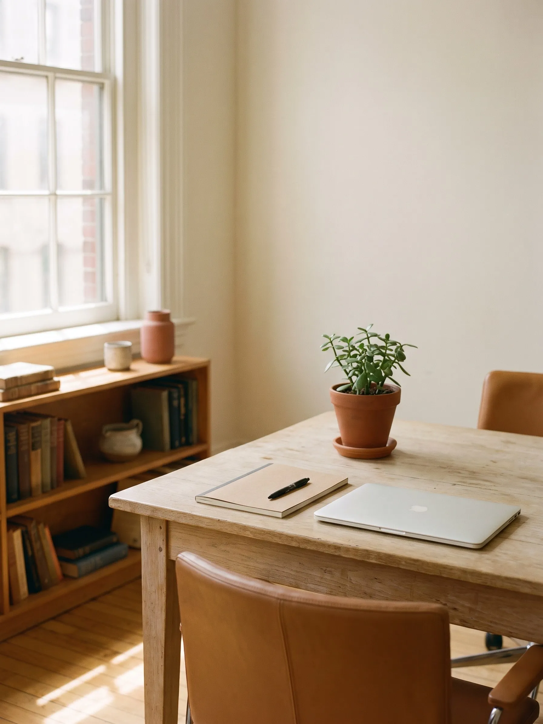 Quiet corner of a software office with a closed laptop and notebook on an oak table