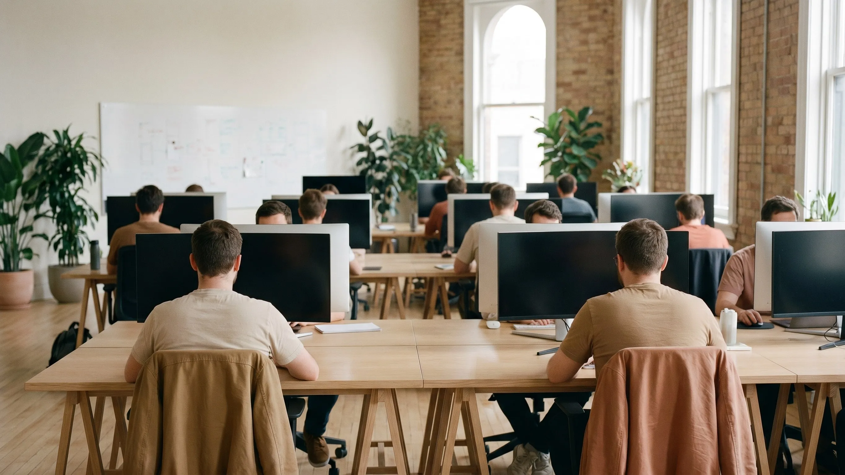 Software company workspace with engineers at long oak desks and tall windows