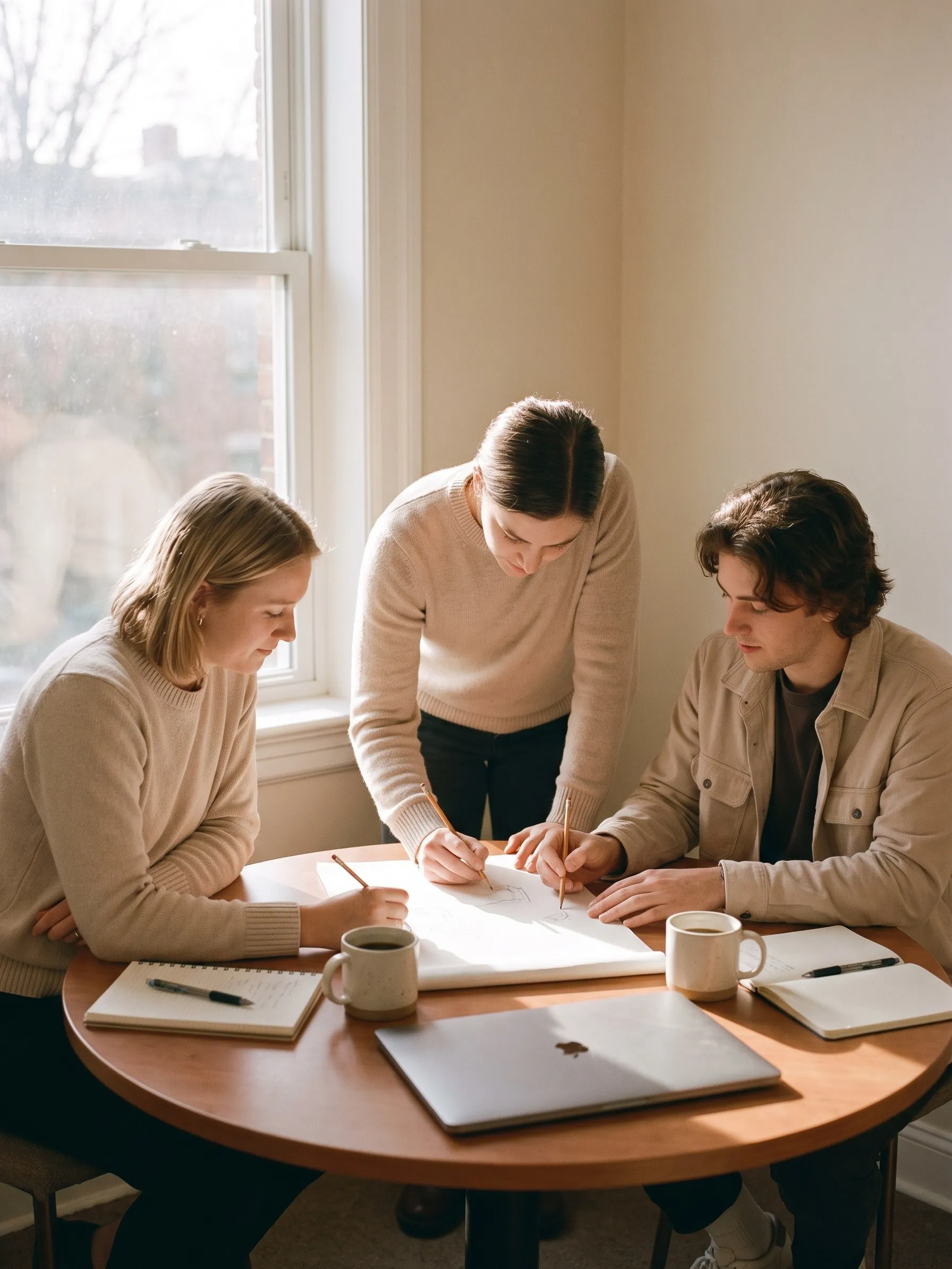 Three founders sketching on a paper pad in a compact sunlit office
