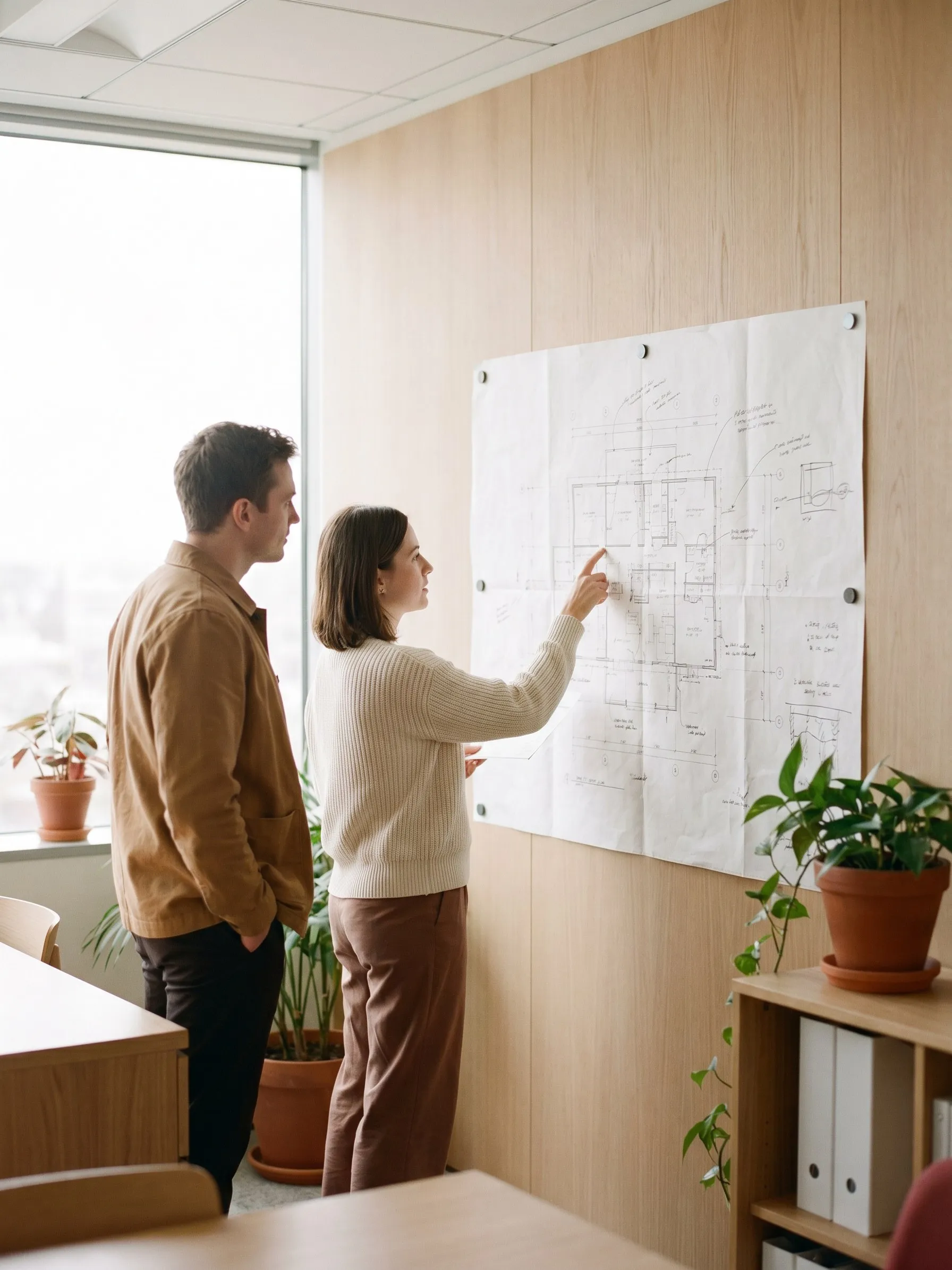 Two engineers tracing an architecture diagram pinned to an office wall