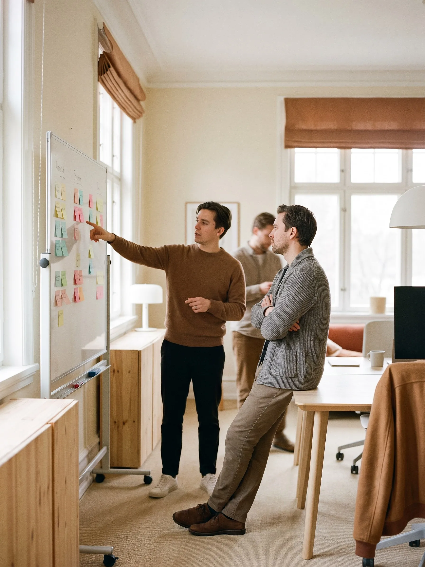 Product team discussing sticky notes on a whiteboard