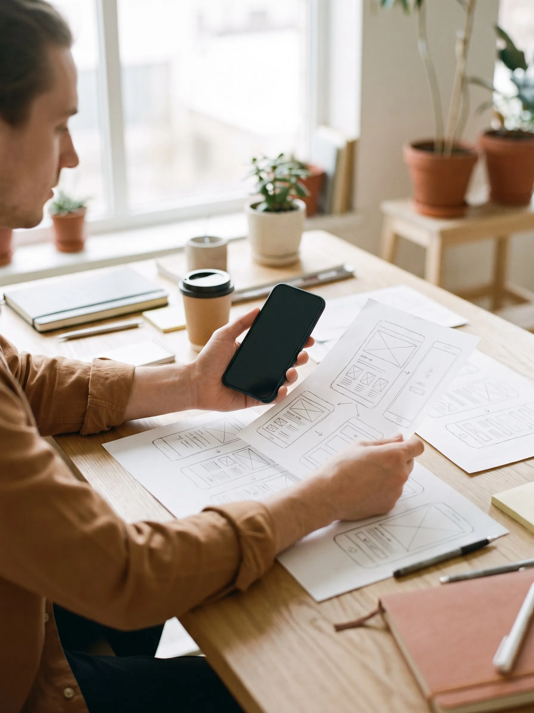 Designer comparing a smartphone against hand-drawn paper wireframes