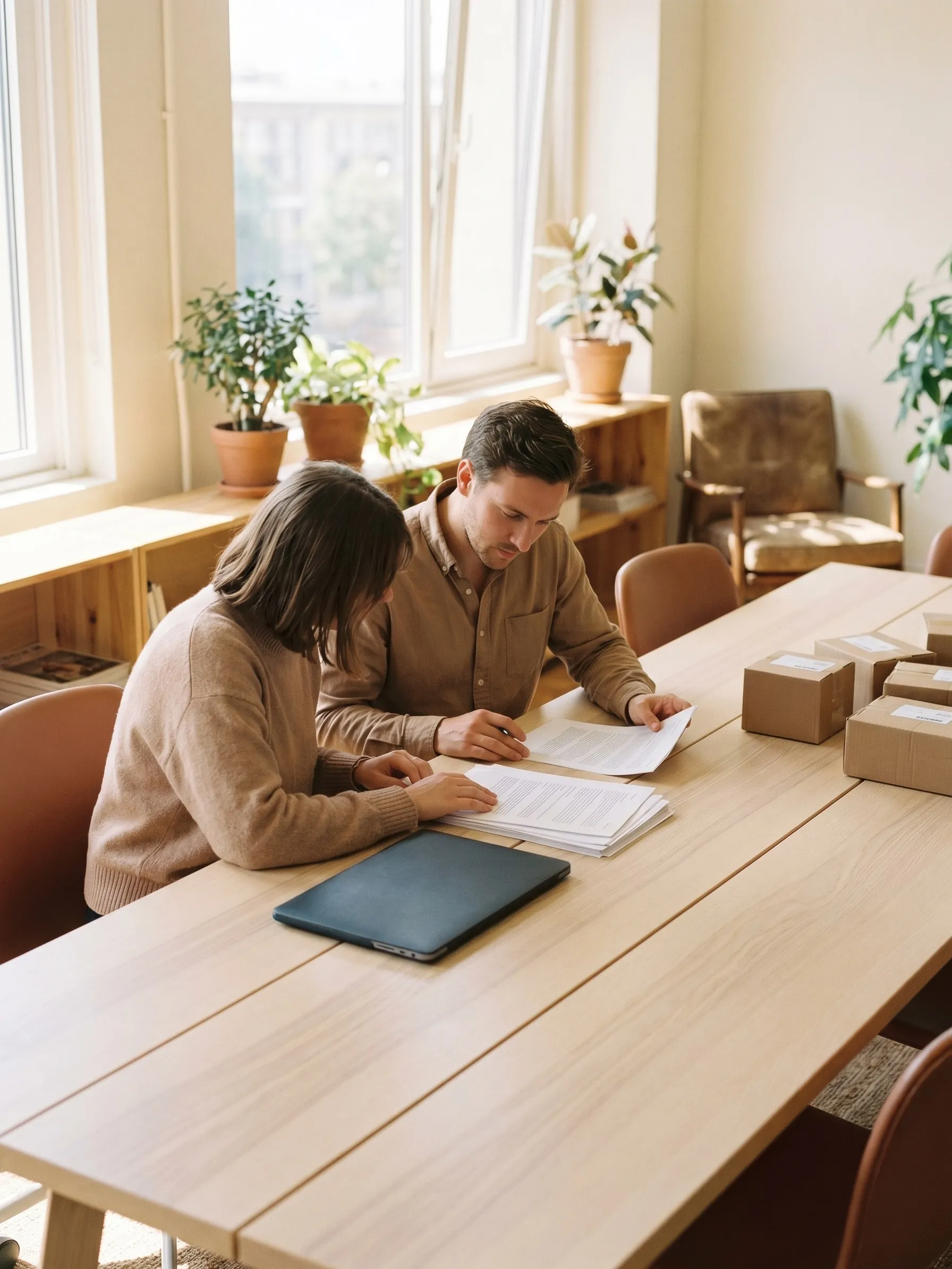 Two colleagues reviewing printed order sheets and parcels at an oak table