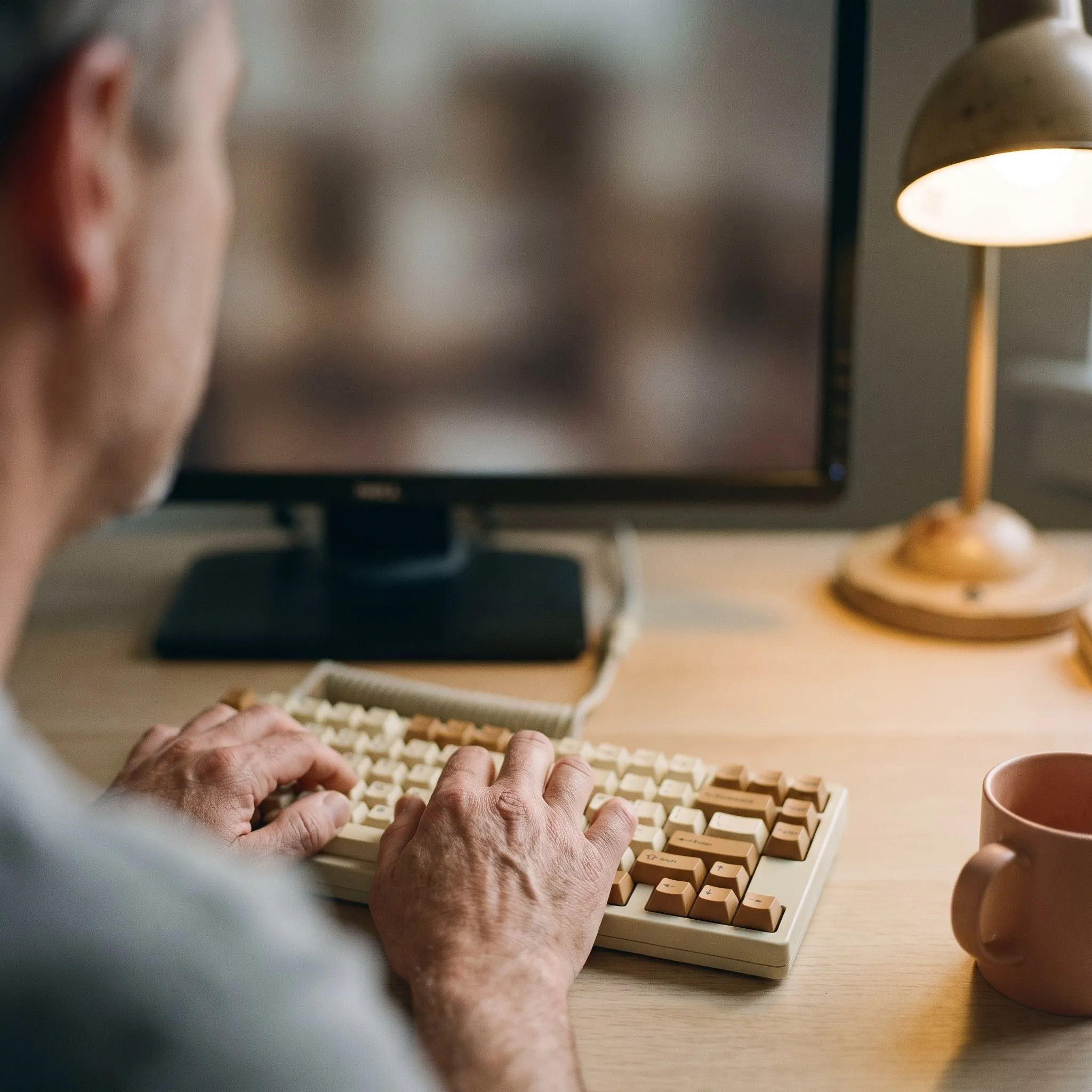 Engineer's hands on a mechanical keyboard, monitor out of focus behind