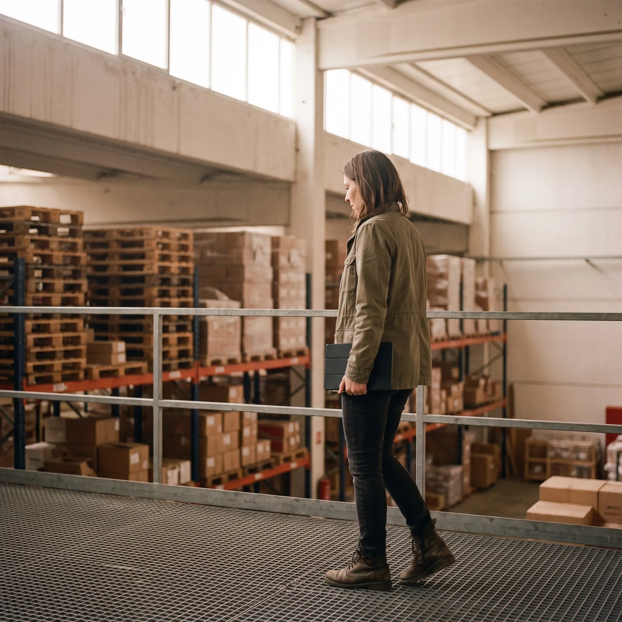 Woman walking a warehouse mezzanine with a tablet, pallet racking below