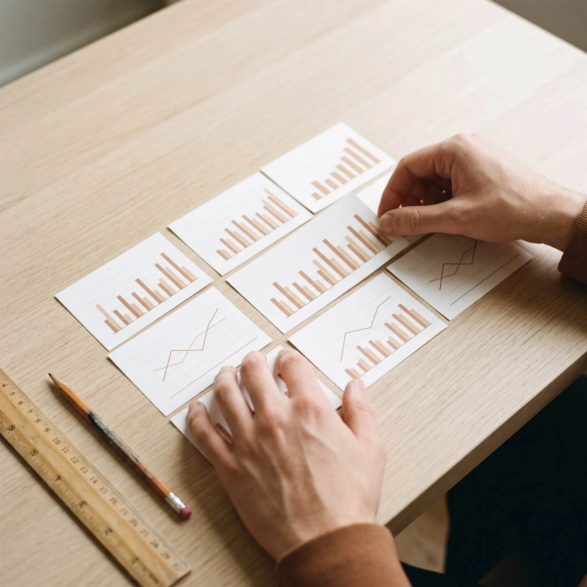 Overhead view of hands arranging printed charts across an oak table