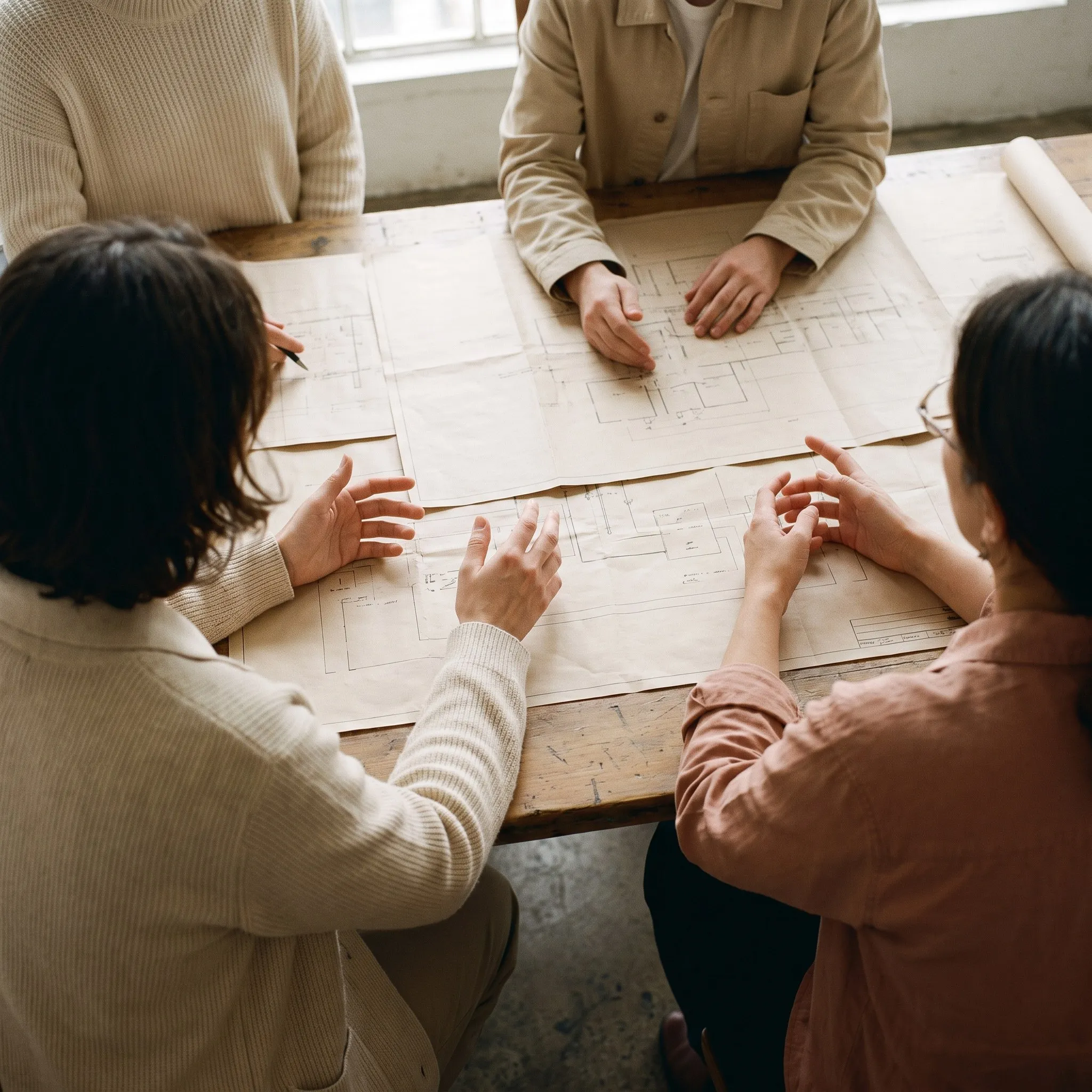 Overhead view of three colleagues discussing printed system diagrams on a large table