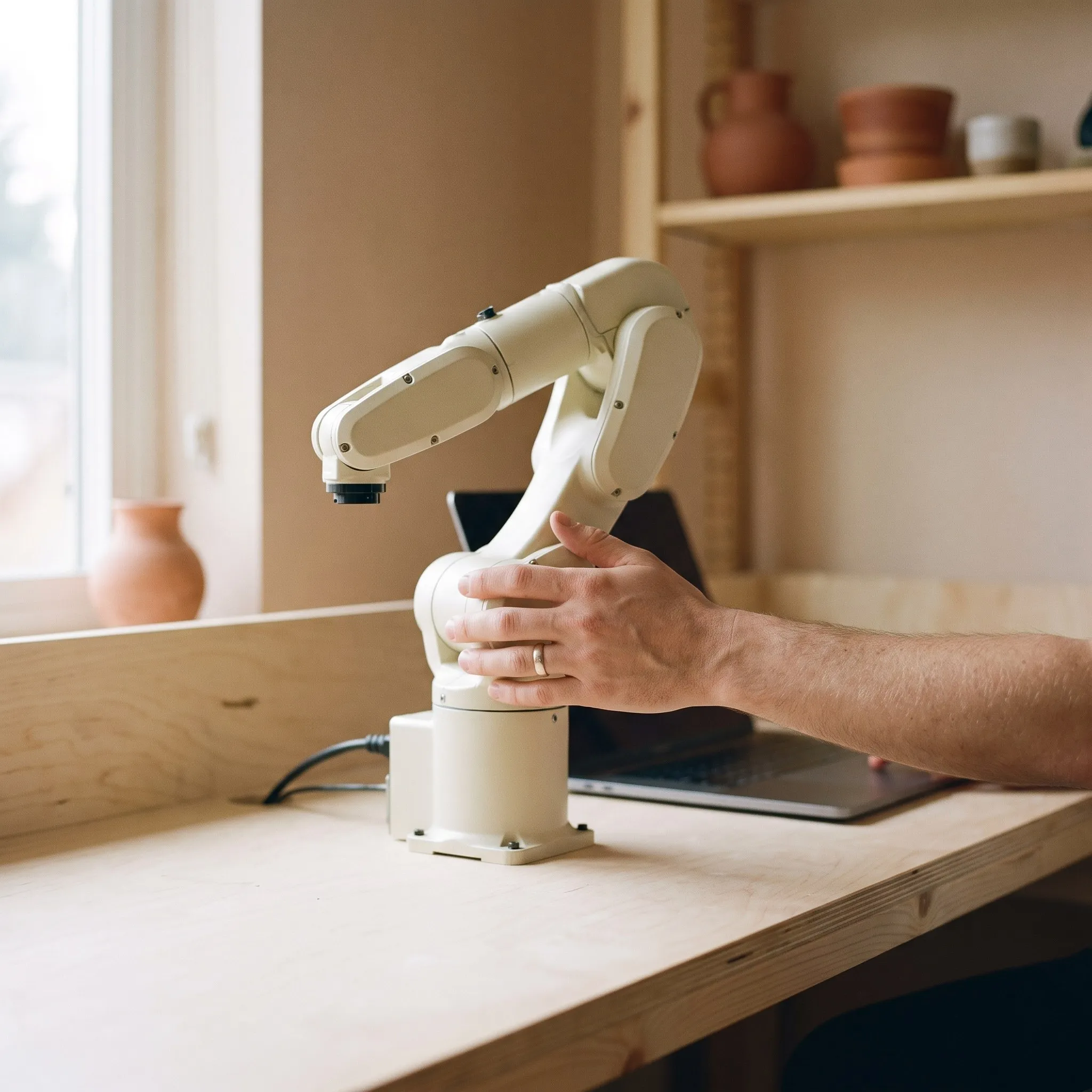Hand steadying a small articulated robot arm on a workbench beside a laptop