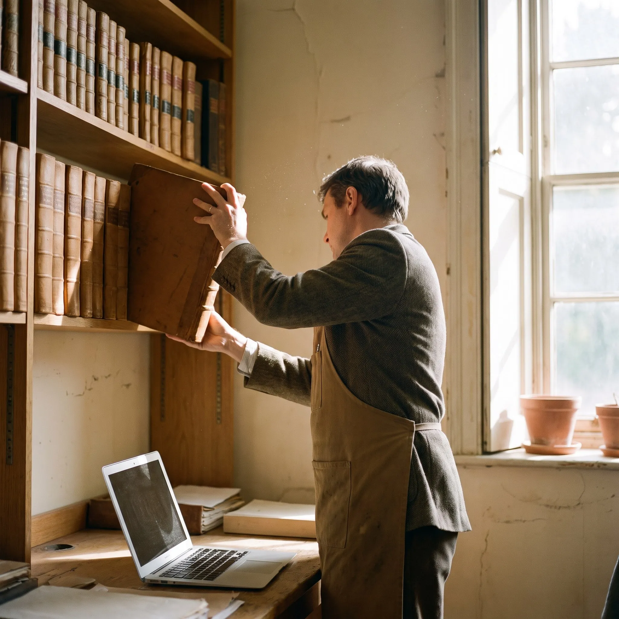 Archivist lifting a bound ledger from a shelf of records beside a modern laptop
