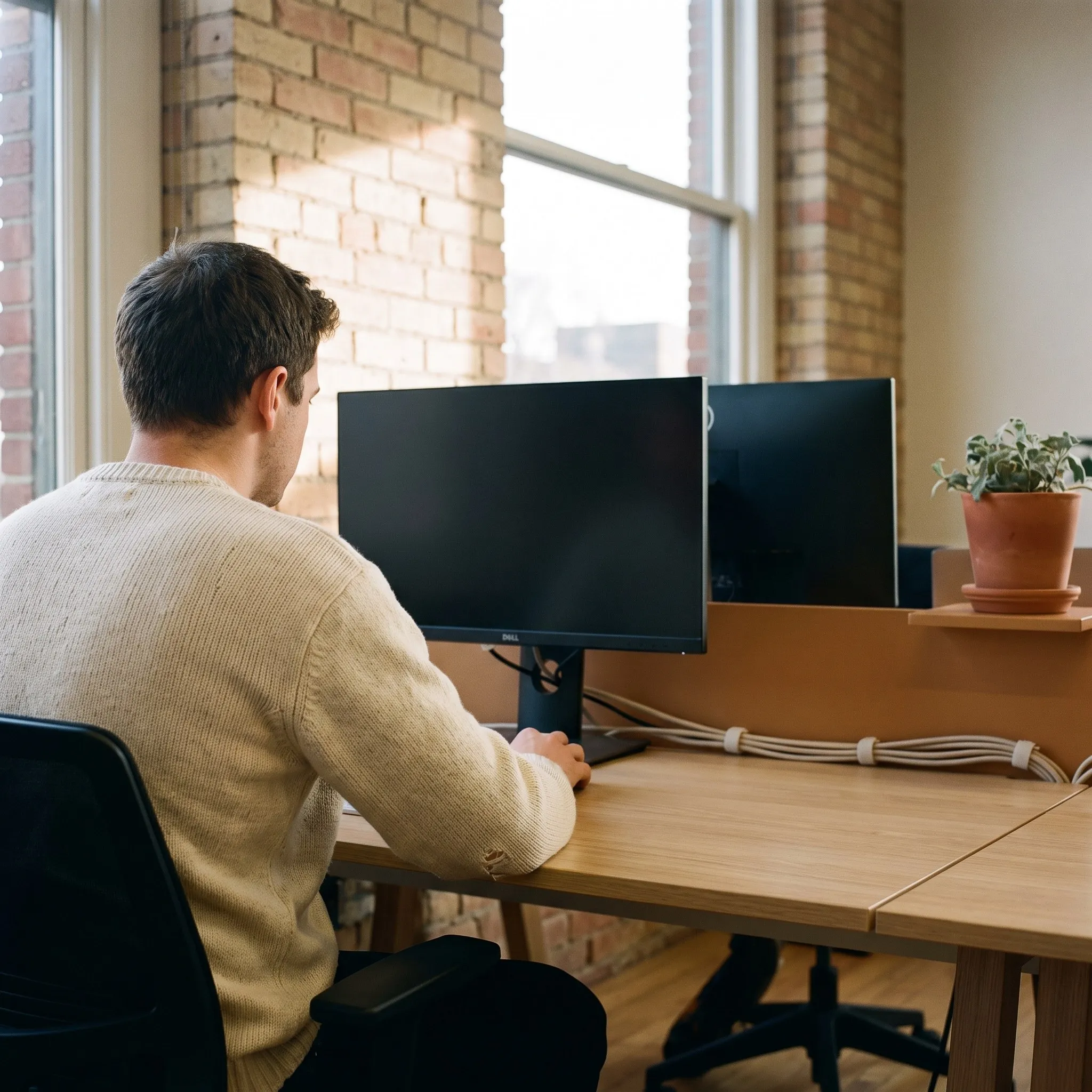 Systems administrator at a tidy desk with monitors angled away and neat cabling