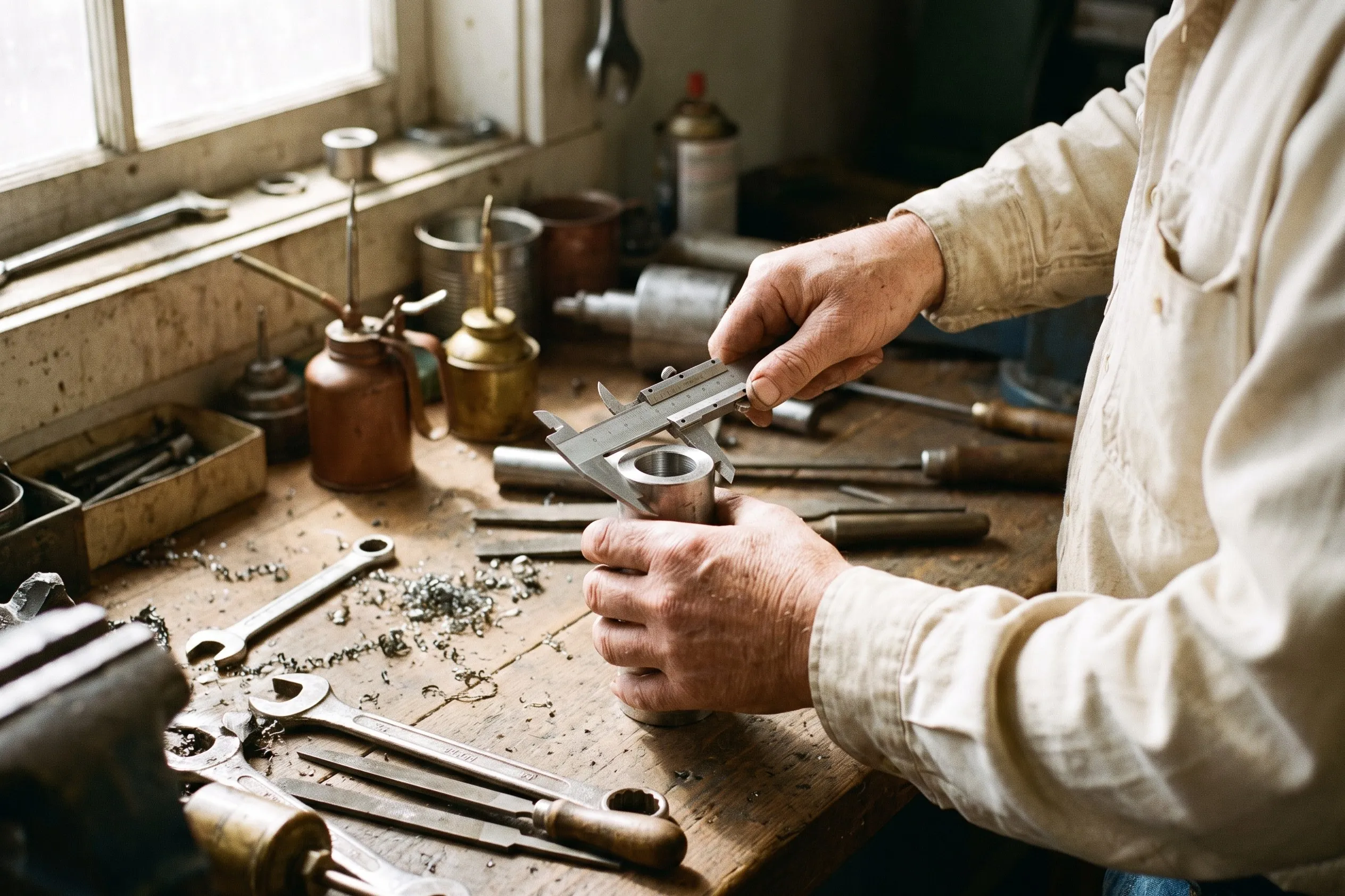 Machinist measuring a metal part with vernier calipers at a workbench